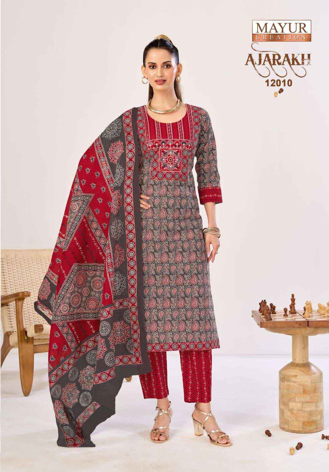 Mayur Ajarakh Vol 12 Printed Cotton Kurti Bottom Dupatta Set _ _ Latest Catalogue Wholesale Price ( 10 Pcs catalog )