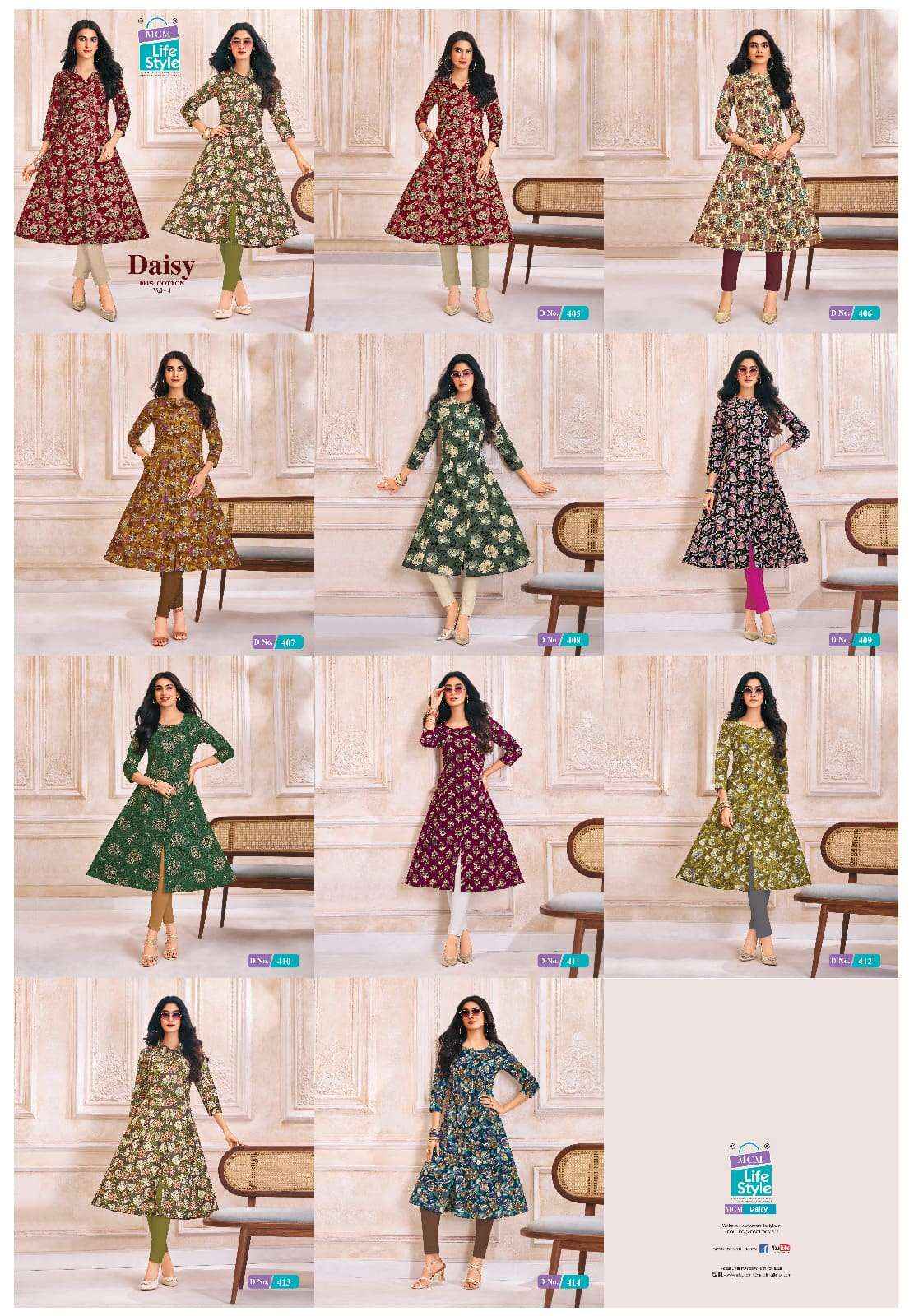Mcm Lifestyle Daisy Vol 4 Latest Designs A Line Kurta Set Wholesale Surat Rate ( 10 Pcs Catalog )