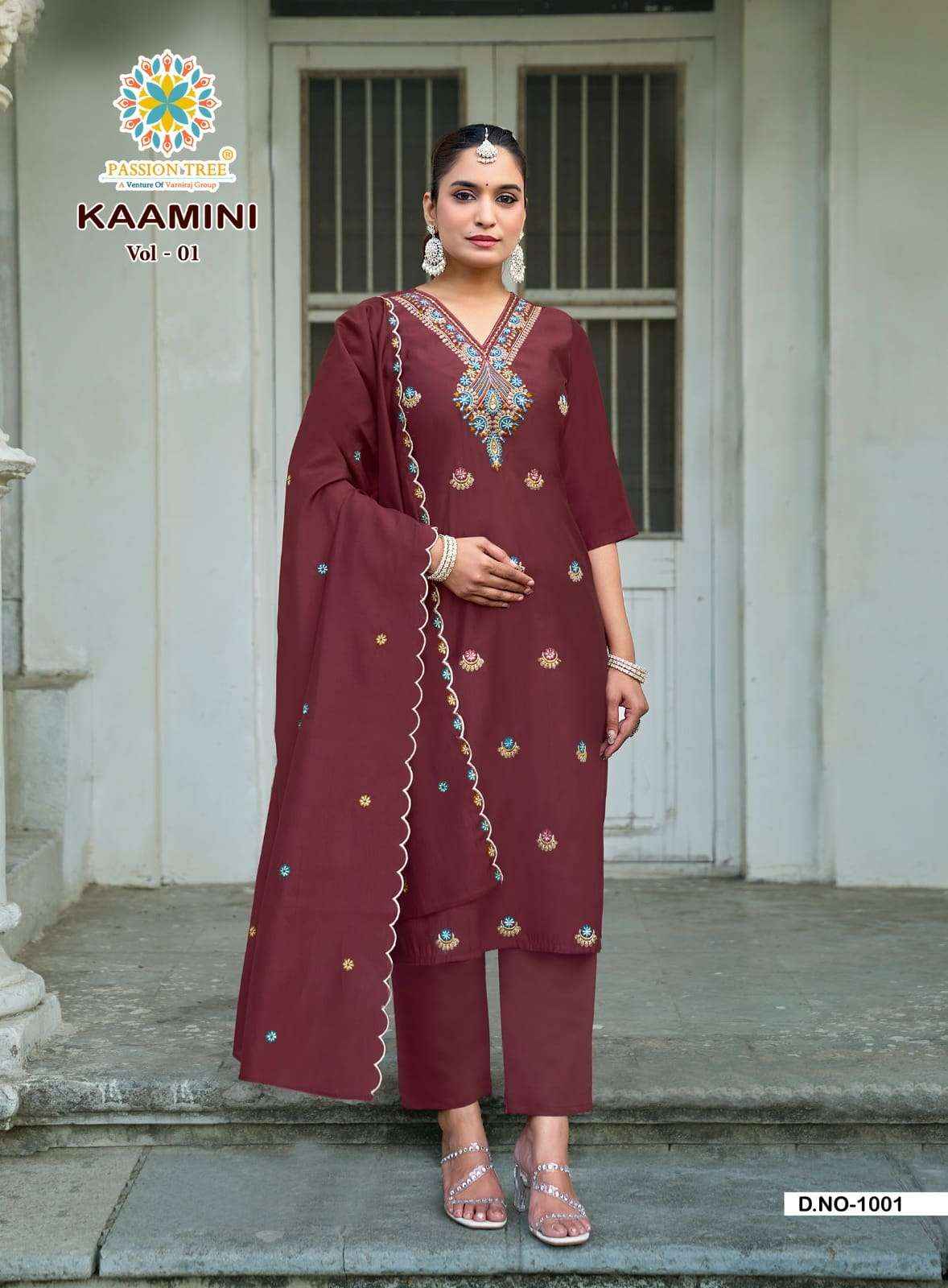 Passion Tree Kaamini Vol 1 Fancy Silk Readymade 3 Piece Set Wholesale Surat Rate ( 8 Pcs Catalog )