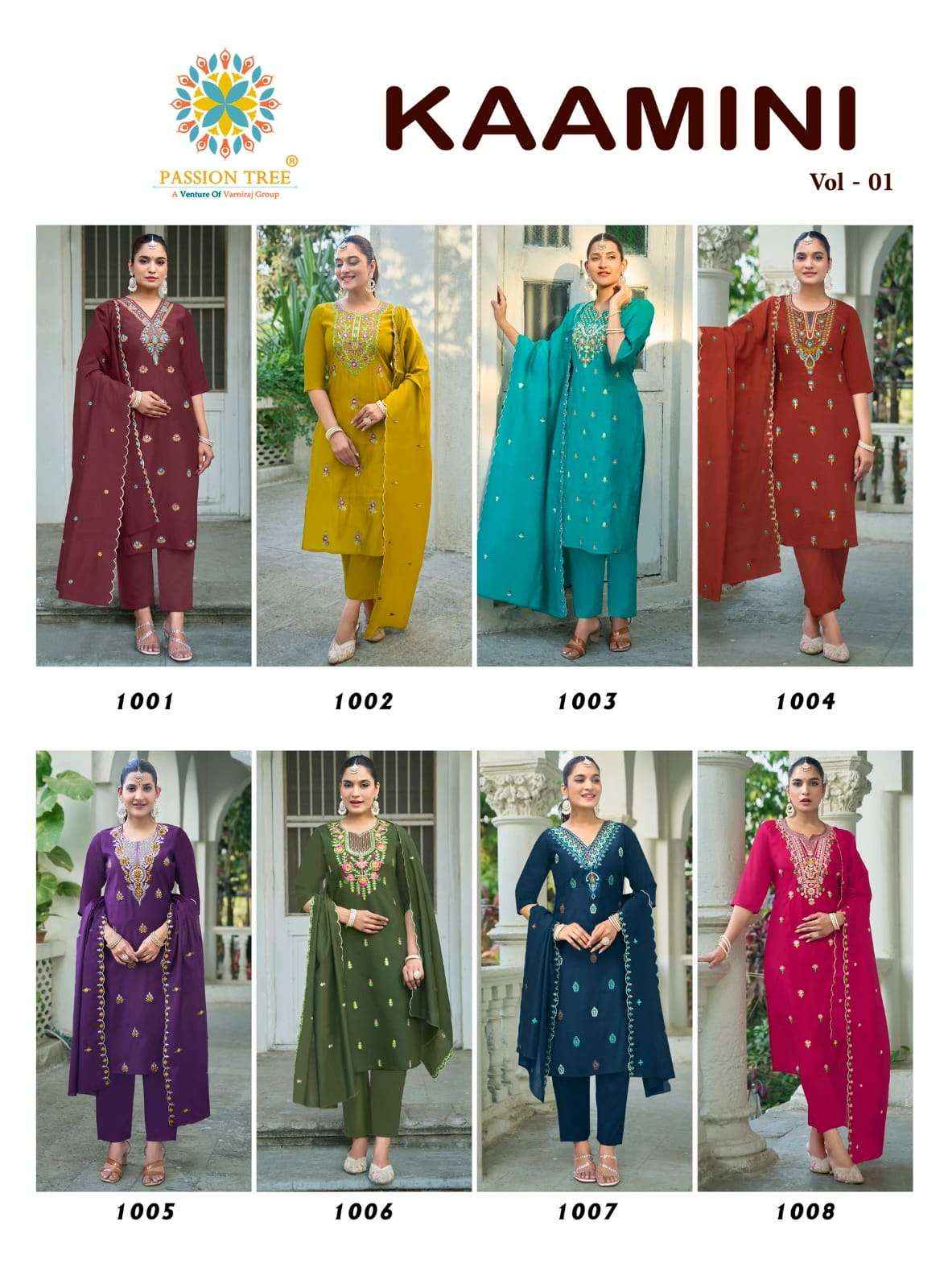 Passion Tree Kaamini Vol 1 Fancy Silk Readymade 3 Piece Set Wholesale Surat Rate ( 8 Pcs Catalog )