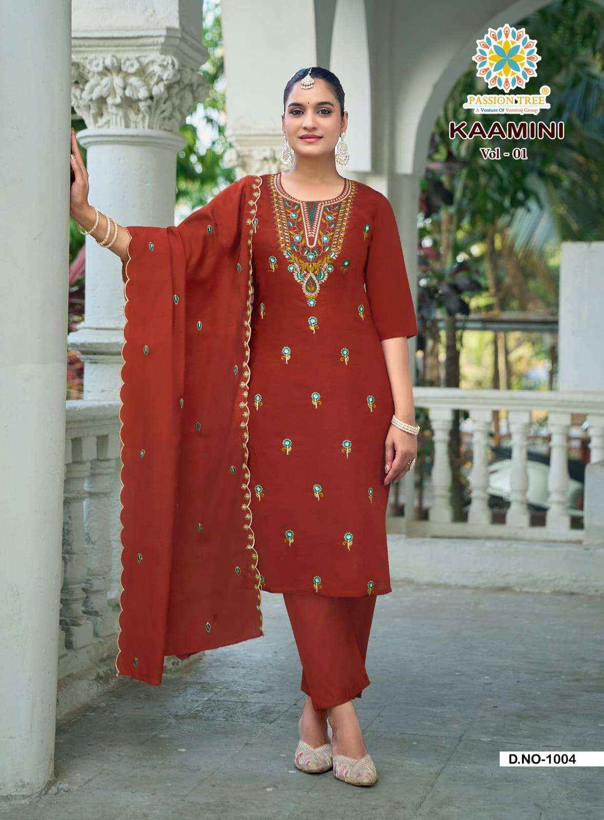 Passion Tree Kaamini Vol 1 Fancy Silk Readymade 3 Piece Set Wholesale Surat Rate ( 8 Pcs Catalog )