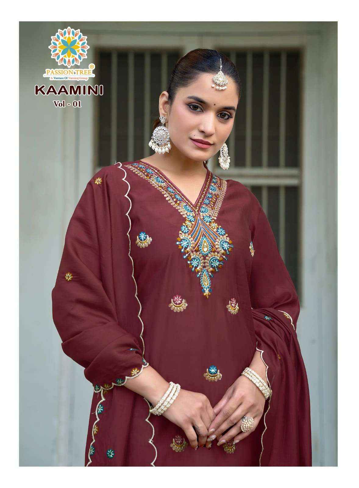Passion Tree Kaamini Vol 1 Fancy Silk Readymade 3 Piece Set Wholesale Surat Rate ( 8 Pcs Catalog )