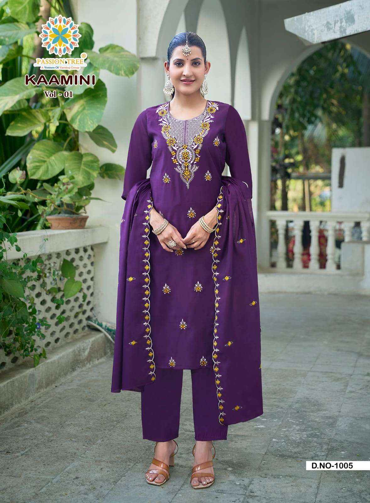 Passion Tree Kaamini Vol 1 Fancy Silk Readymade 3 Piece Set Wholesale Surat Rate ( 8 Pcs Catalog )