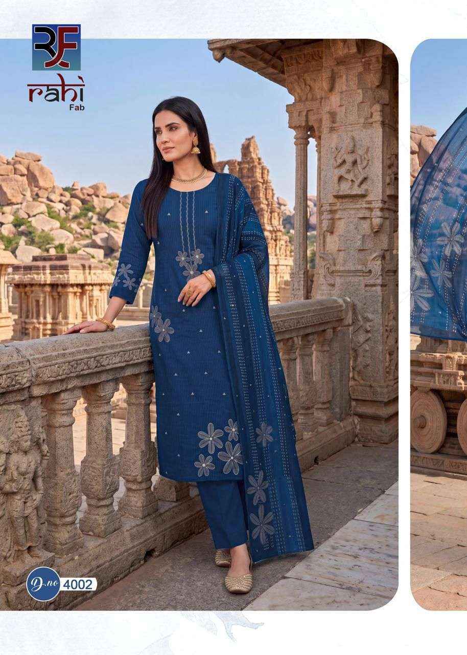 RAHI FAB RISING SILVER VOL 4 COTTON FANCY PRINTED WITH WORK DRESS _ TEXTELI WHOLESALE SURAT RATE ( 8 PCS CATALOG )