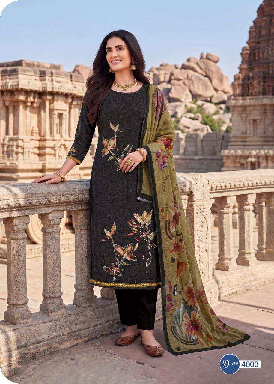 RAHI FAB RISING SILVER VOL 4 COTTON FANCY PRINTED WITH WORK DRESS _ TEXTELI WHOLESALE SURAT RATE ( 8 PCS CATALOG )