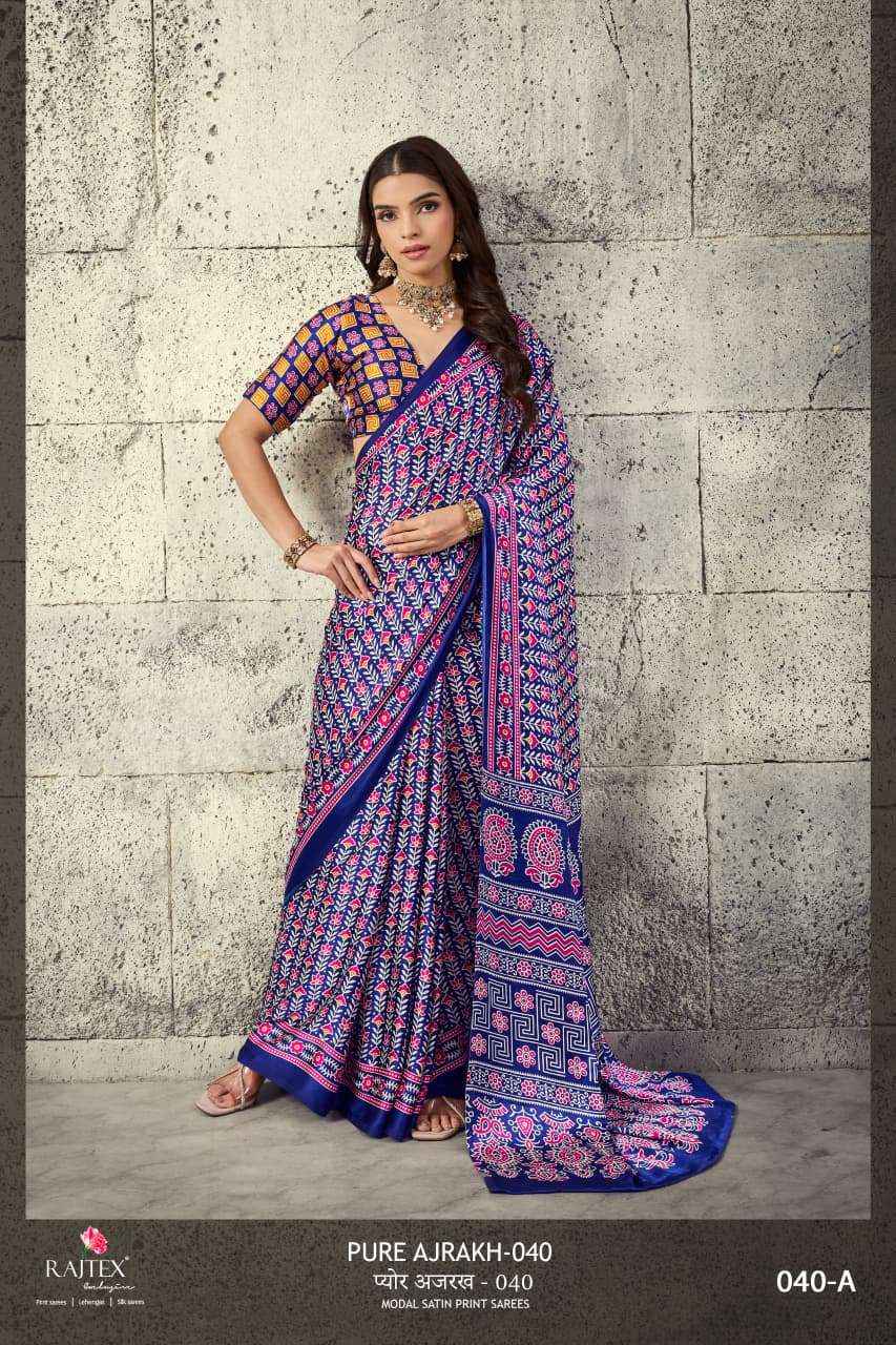 Rajtex Pure Ajrakh 040 Modal Satin Printed Saree_  Supplier Surat Wholesale Collection ( 6 Pcs Catalog )