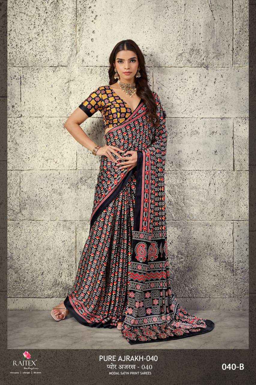 Rajtex Pure Ajrakh 040 Modal Satin Printed Saree_  Supplier Surat Wholesale Collection ( 6 Pcs Catalog )
