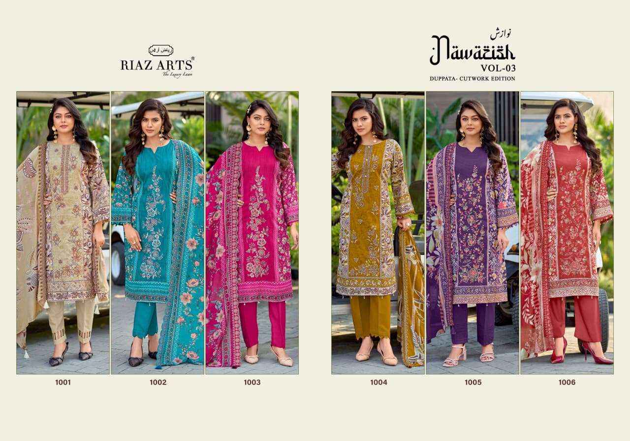 Riaz Arts Nawazish Vol 3 Lawn Cotton Dress Material Surat Wholesaler ( 6 pcs Catalogue )