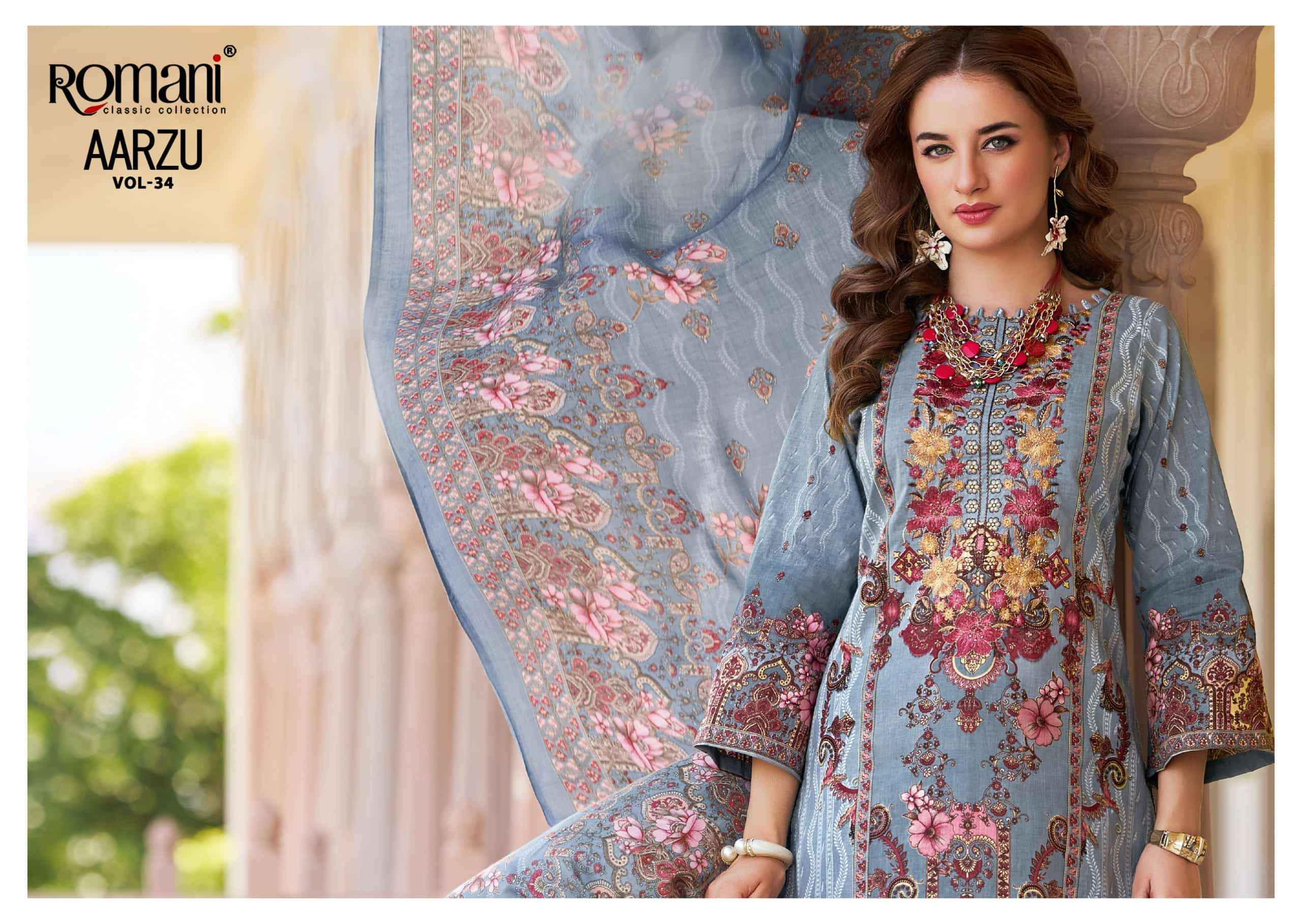 Romani Aarzu Vol 34 Unstitch Cotton Ladies Dress _ Wholesale Surat Rate ( 8 Pcs Catalog )