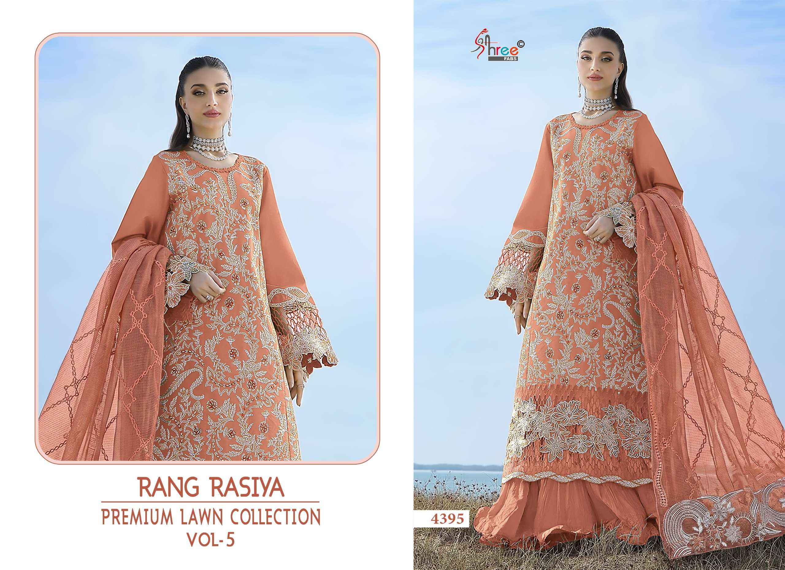 SHREE FABS RANG RASIYA PREMIUM LAWN COLLECTION VOL 5 LAWN COTTON HEAVY EMBROIDERY DESIGNER WORK SUIT _ WHOLESALE FACTORY ( 6 PCS CATALOG )