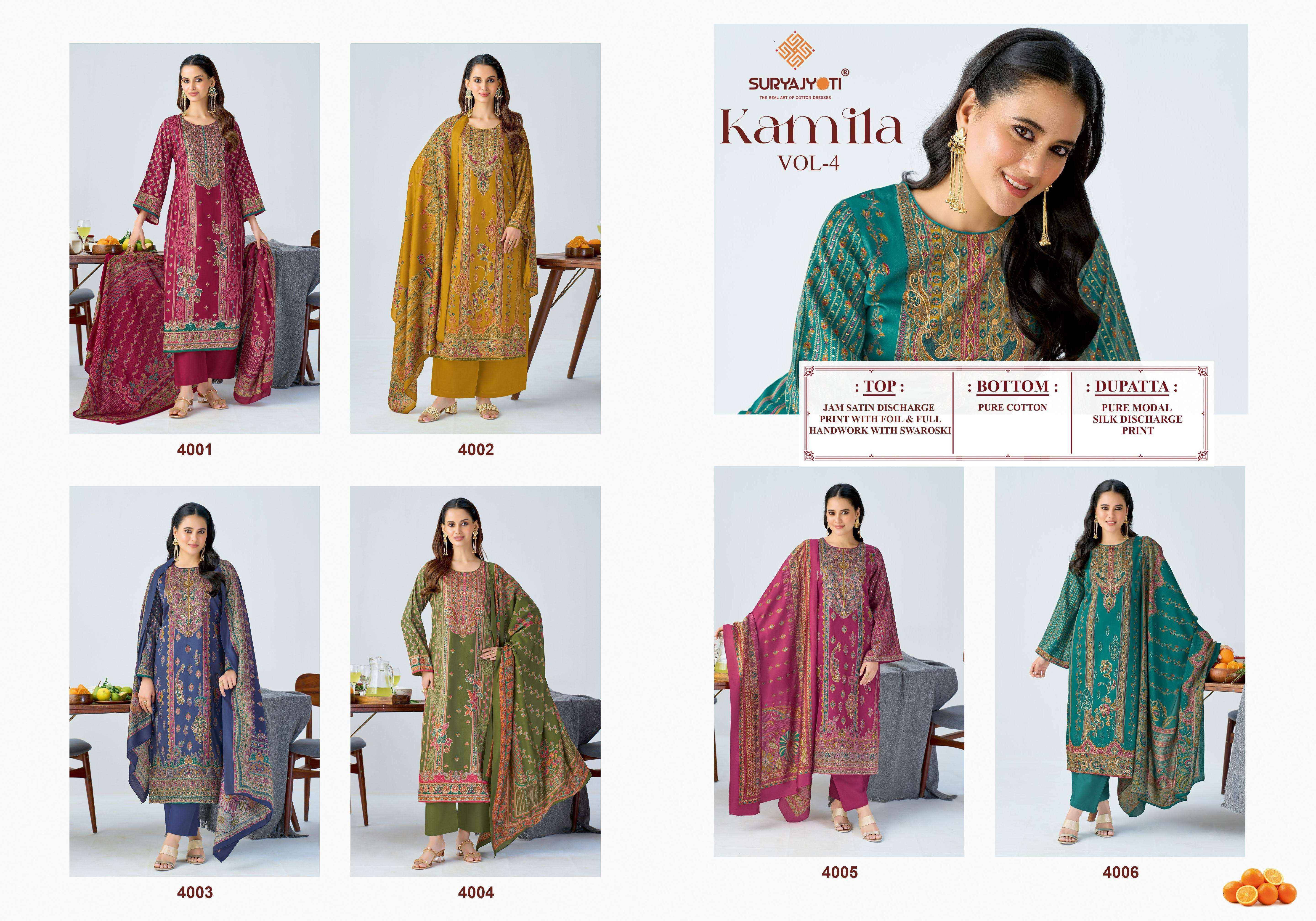 Suryajyoti Kamila Vol 4 Jam Satin Dress Material Wholesale Surat Rate ( 6 Pcs Catalog )