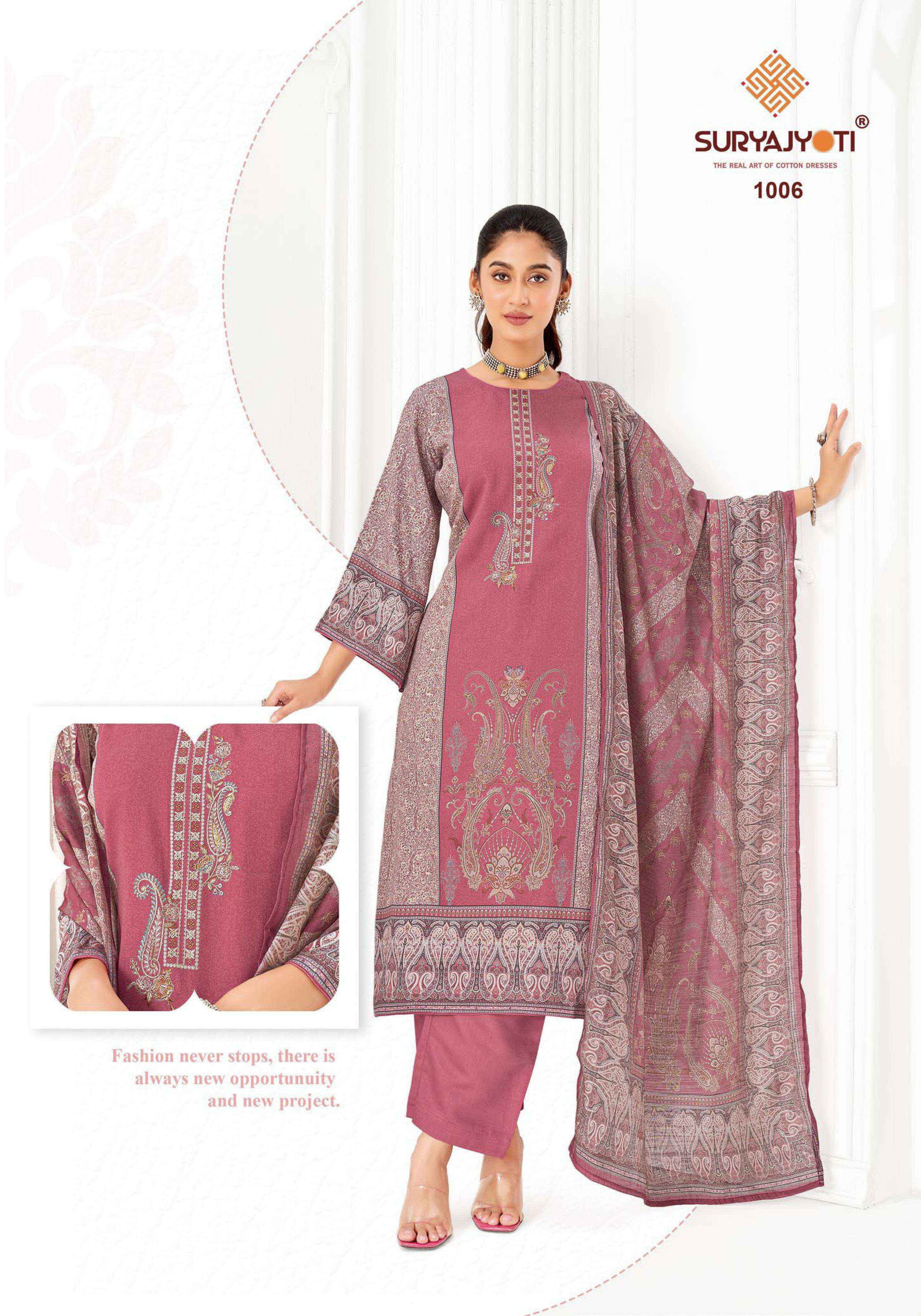 SURYAJYOTI NAMITA VOL 1 JAM SATIN DIGITAL PRINT WITH FANCY EMBROIDERY WORK SUIT _ LATEST CATAlOGUE WHOLESALE PRICE  ( 6 PCS CATALOG )
