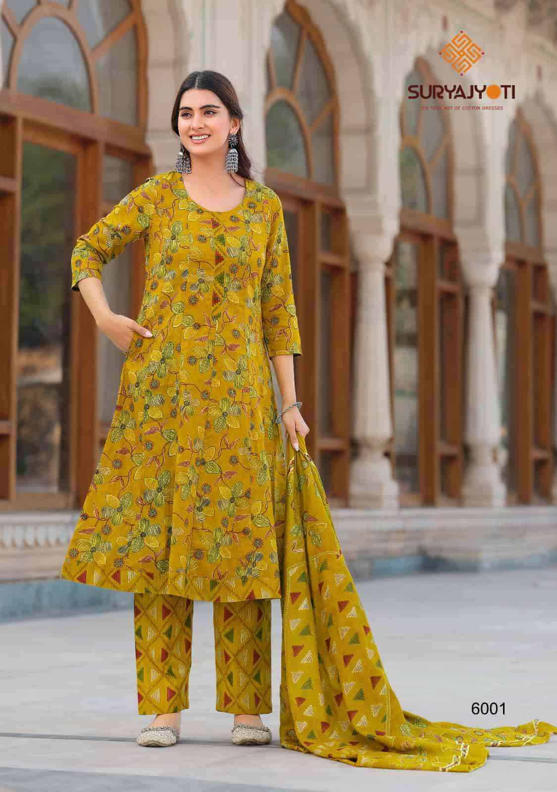 Suryajyoti Rashmika Vol 6 Pure Cotton Anarkali Style 3 Pec Dress Wholesale Surat Rate ( 10 Pcs Catalog )