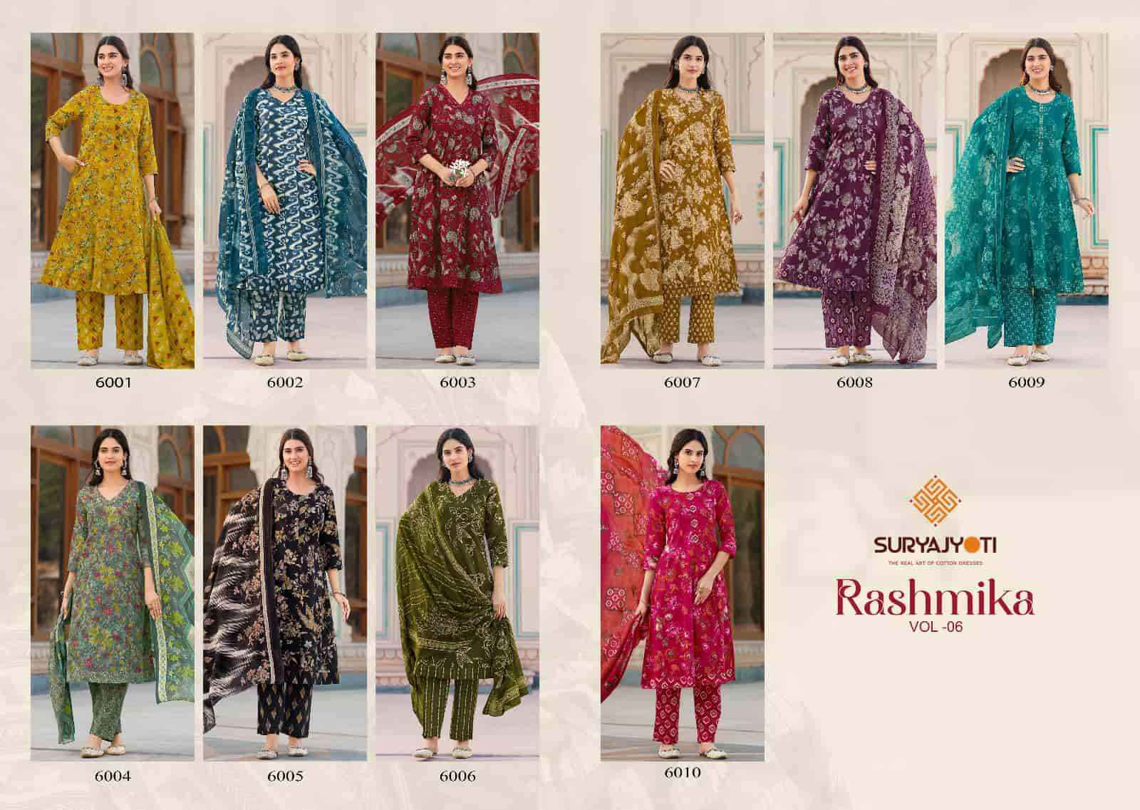 Suryajyoti Rashmika Vol 6 Pure Cotton Anarkali Style 3 Pec Dress Wholesale Surat Rate ( 10 Pcs Catalog )