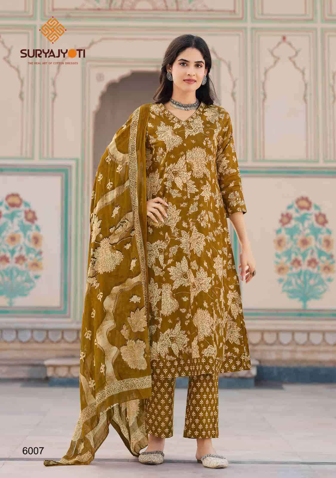 Suryajyoti Rashmika Vol 6 Pure Cotton Anarkali Style 3 Pec Dress Wholesale Surat Rate ( 10 Pcs Catalog )