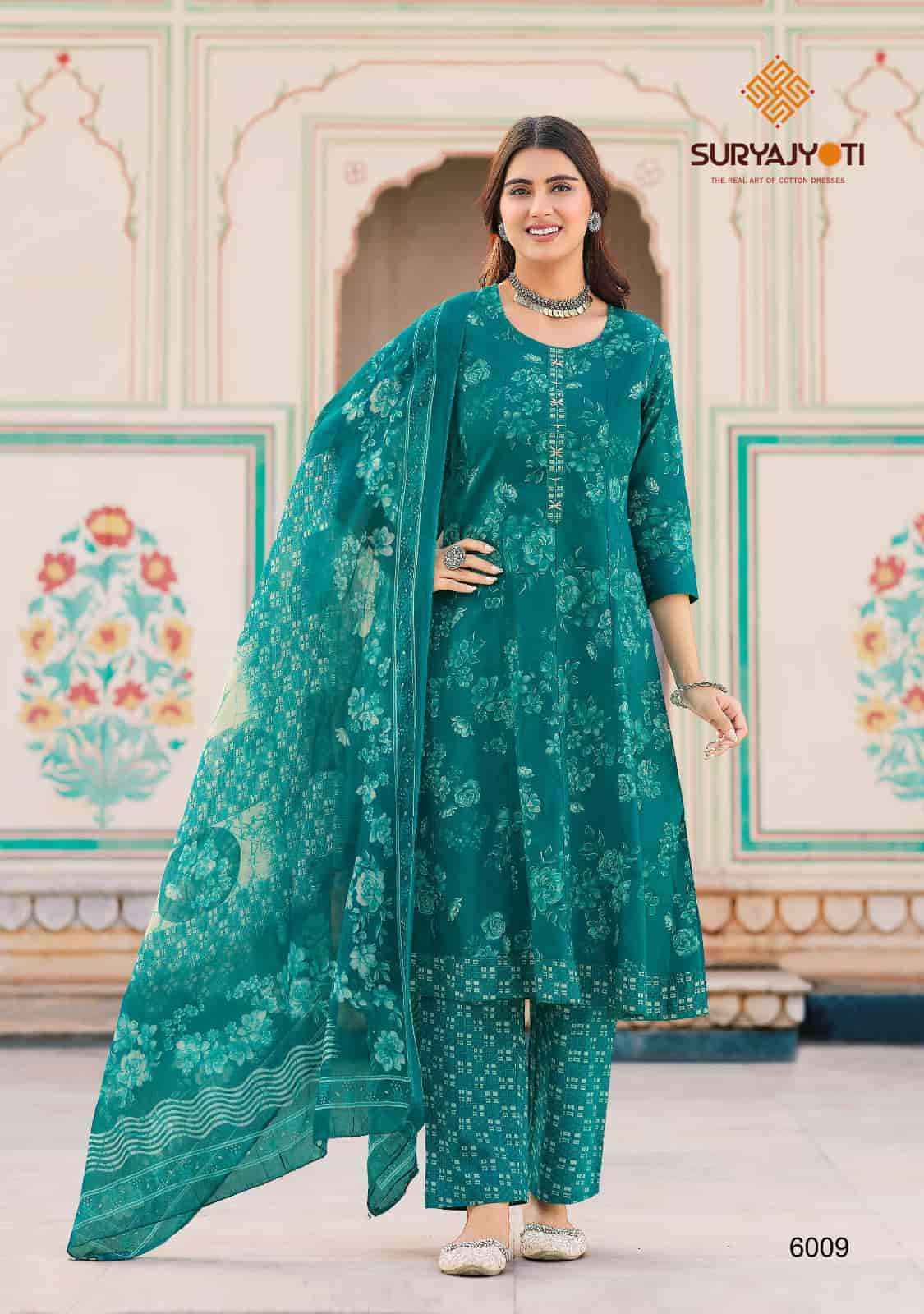 Suryajyoti Rashmika Vol 6 Pure Cotton Anarkali Style 3 Pec Dress Wholesale Surat Rate ( 10 Pcs Catalog )