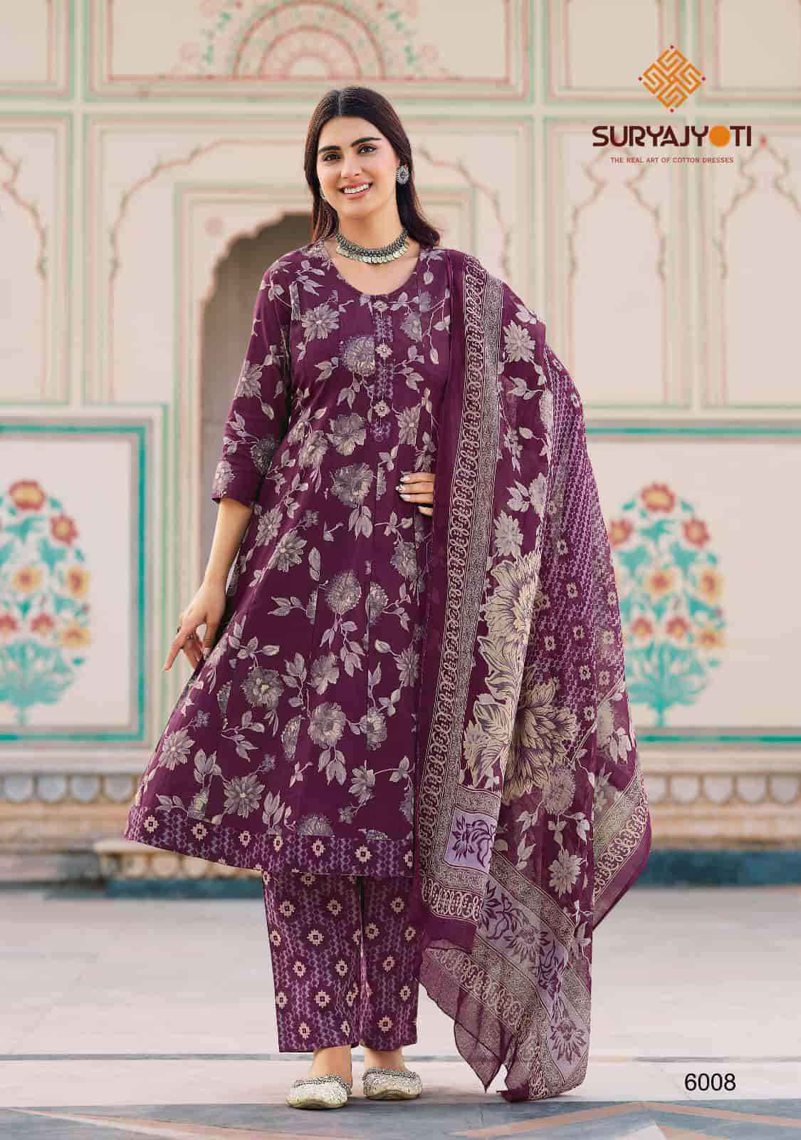 Suryajyoti Rashmika Vol 6 Pure Cotton Anarkali Style 3 Pec Dress Wholesale Surat Rate ( 10 Pcs Catalog )