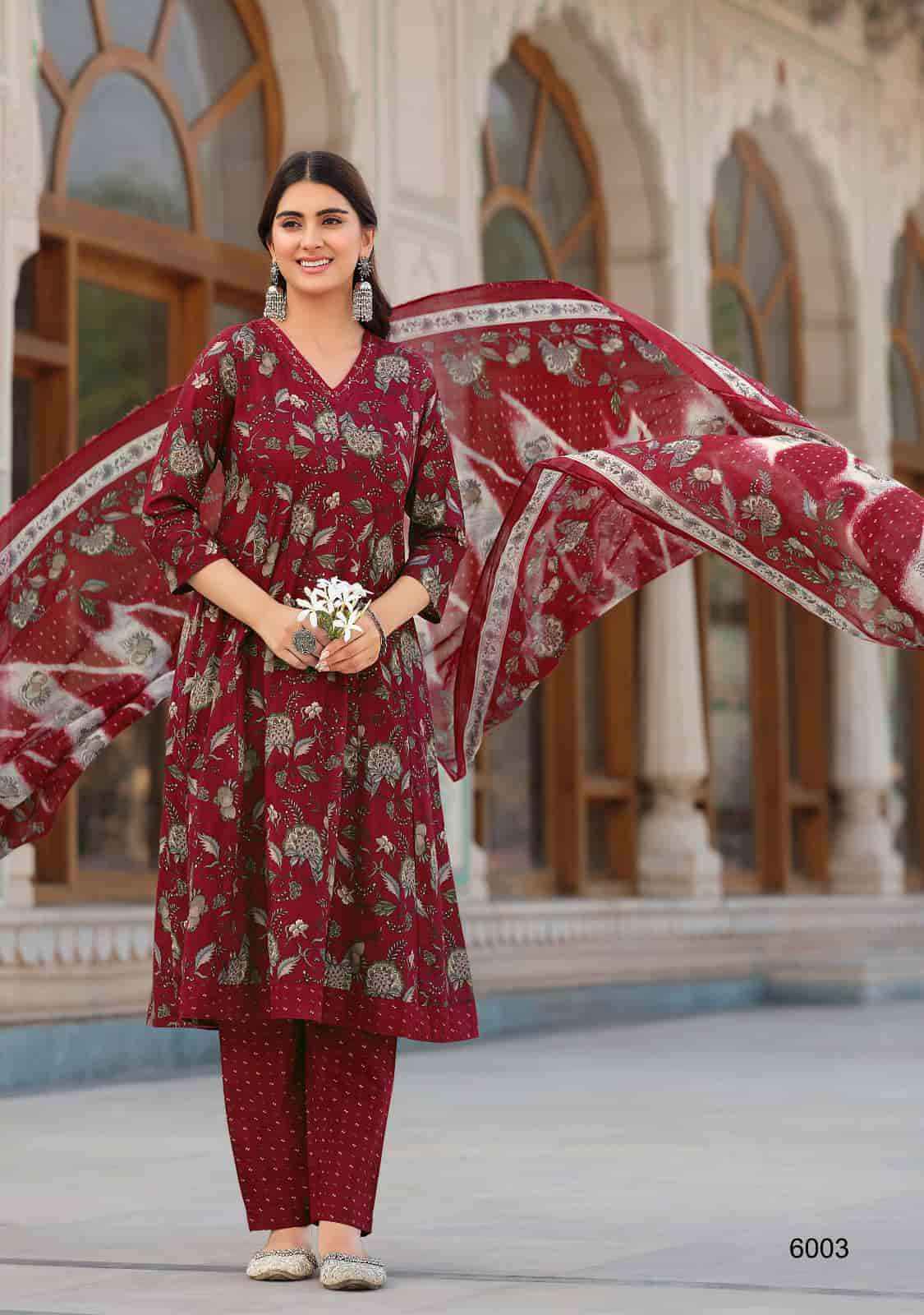 Suryajyoti Rashmika Vol 6 Pure Cotton Anarkali Style 3 Pec Dress Wholesale Surat Rate ( 10 Pcs Catalog )