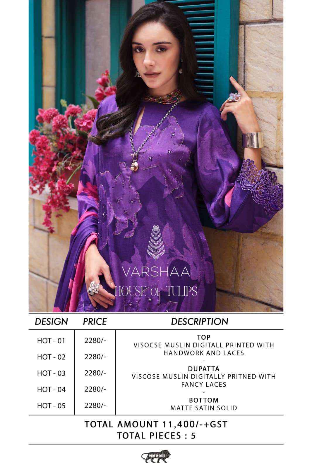Varsha House Of Tulips Premium Designs Muslin Salwar Kameez _ Surat Wholesale Bazaar ( 5 Pcs Catalog )