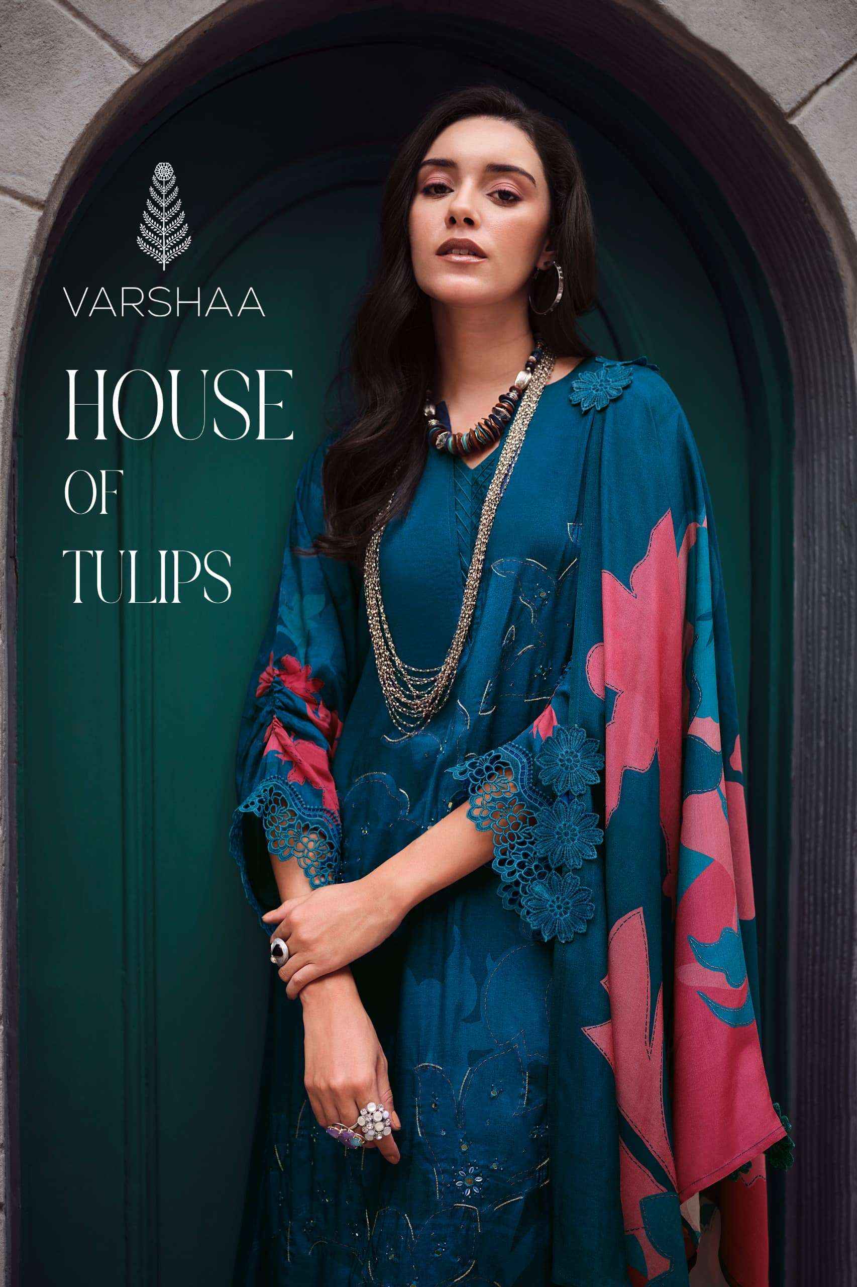 Varsha House Of Tulips Premium Designs Muslin Salwar Kameez _ Surat Wholesale Bazaar ( 5 Pcs Catalog )