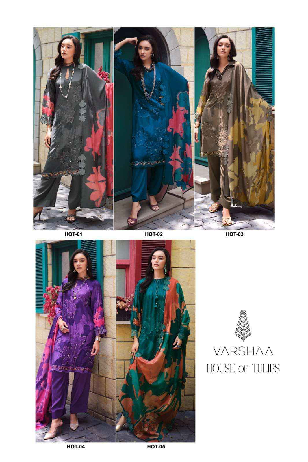 Varsha House Of Tulips Premium Designs Muslin Salwar Kameez _ Surat Wholesale Bazaar ( 5 Pcs Catalog )