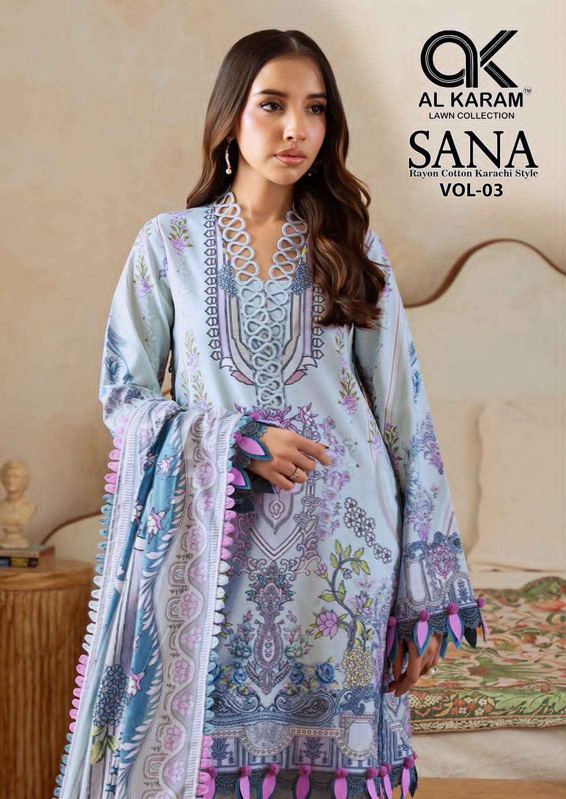Al Karam Sana Vol 3 Printed Rayon Cotton Dress Material _ Wholesale Factory Rate ( 6 Pcs Catalog )
