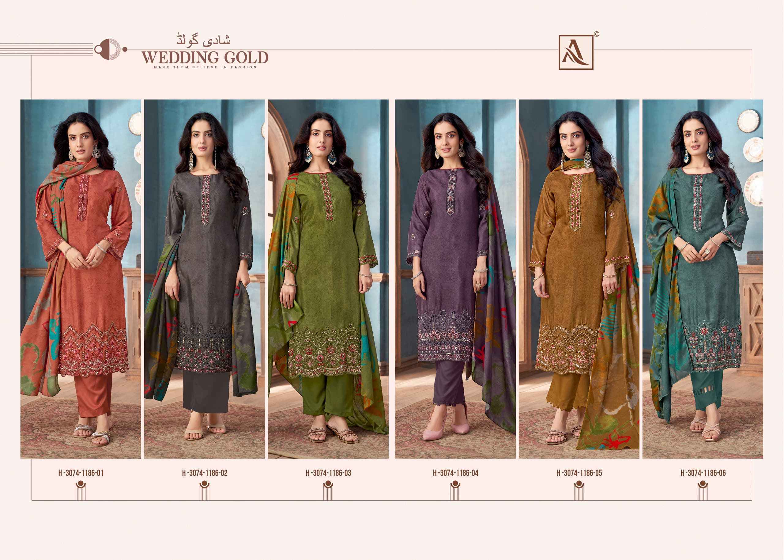 Alok Wedding Gold Viscose Muslin Dress Material Wholesale Price ( 6 pcs Catalogue )