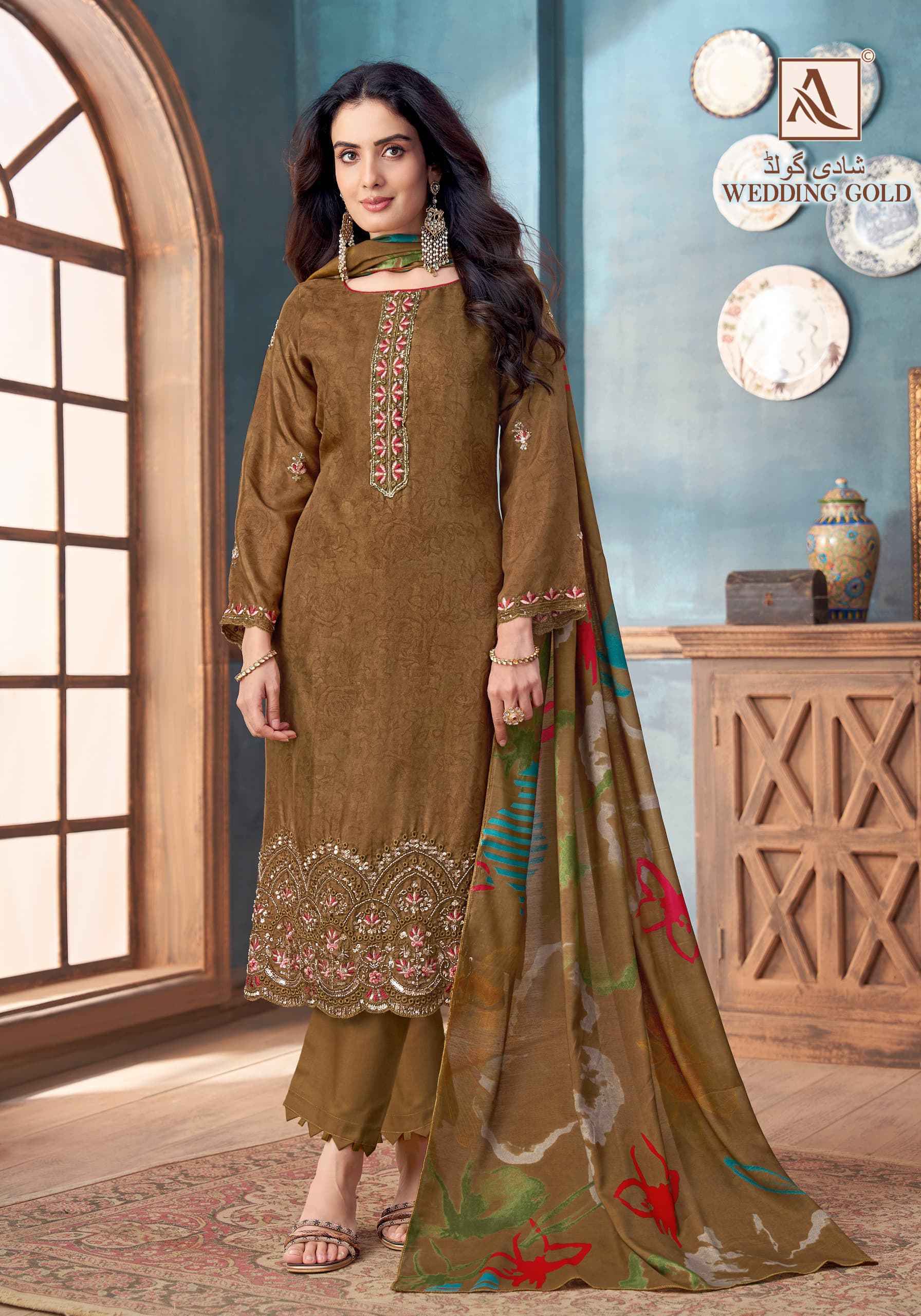 Alok Wedding Gold Viscose Muslin Dress Material Wholesale Price ( 6 pcs Catalogue )