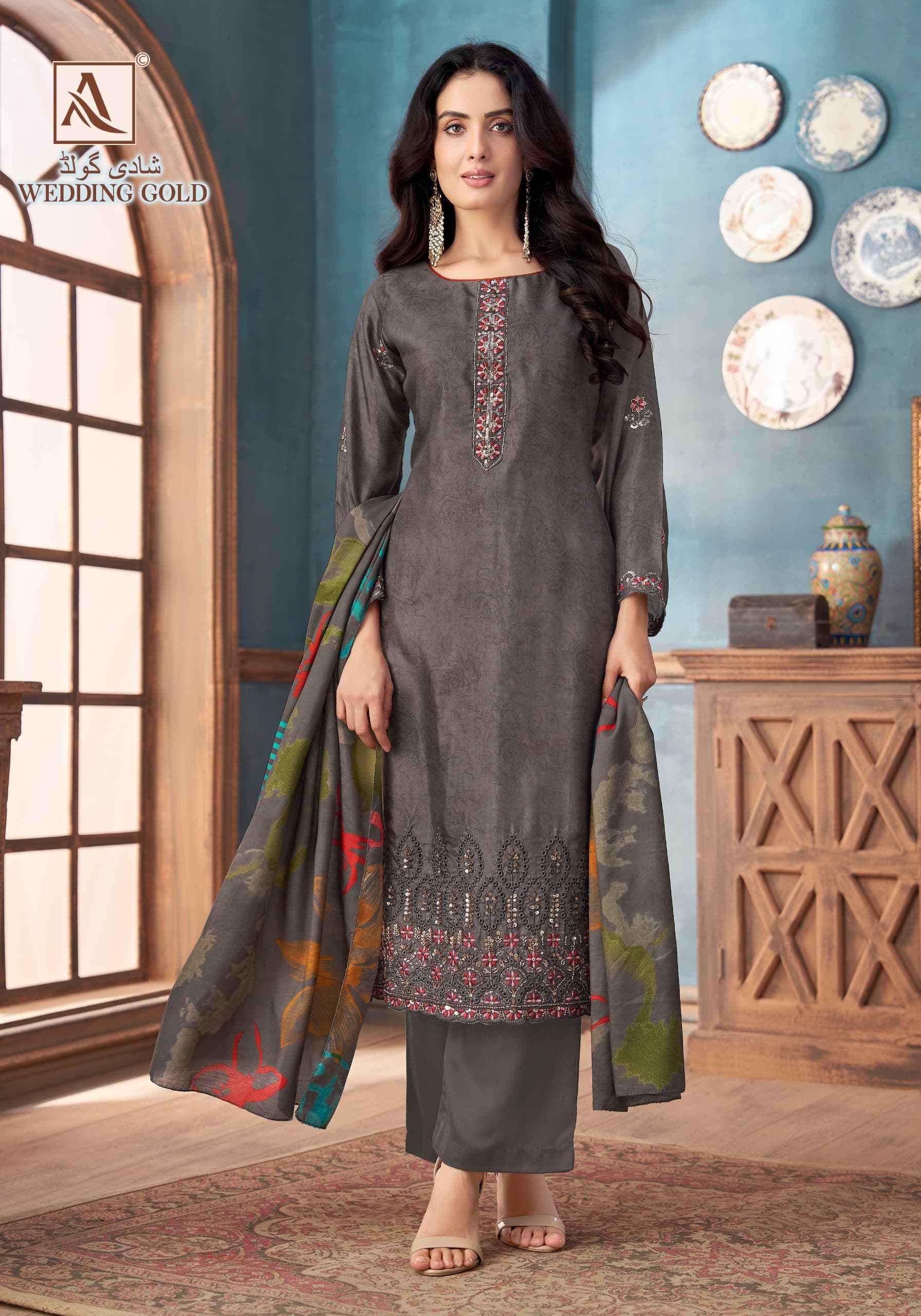 Alok Wedding Gold Viscose Muslin Dress Material Wholesale Price ( 6 pcs Catalogue )