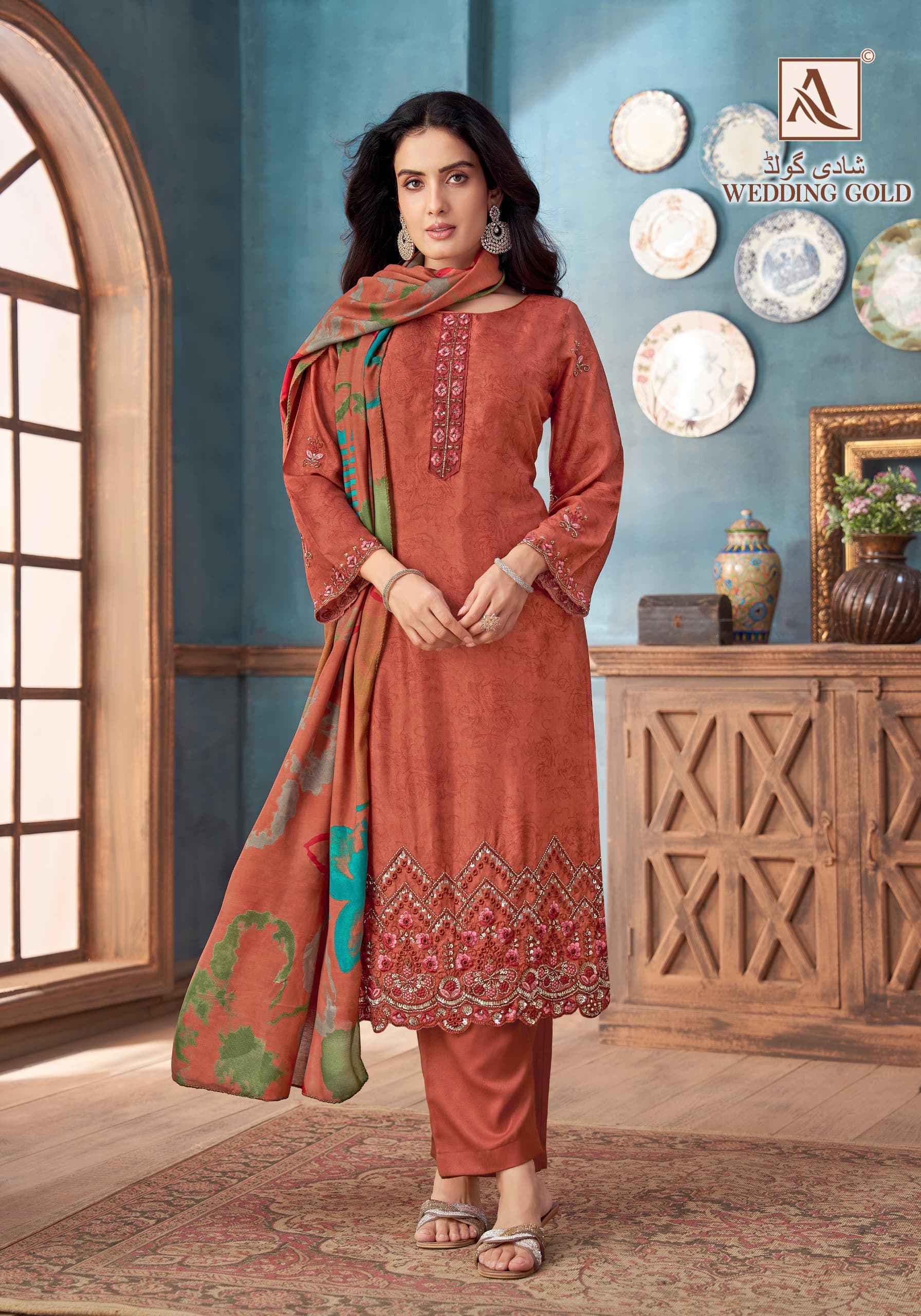 Alok Wedding Gold Viscose Muslin Dress Material Wholesale Price ( 6 pcs Catalogue )