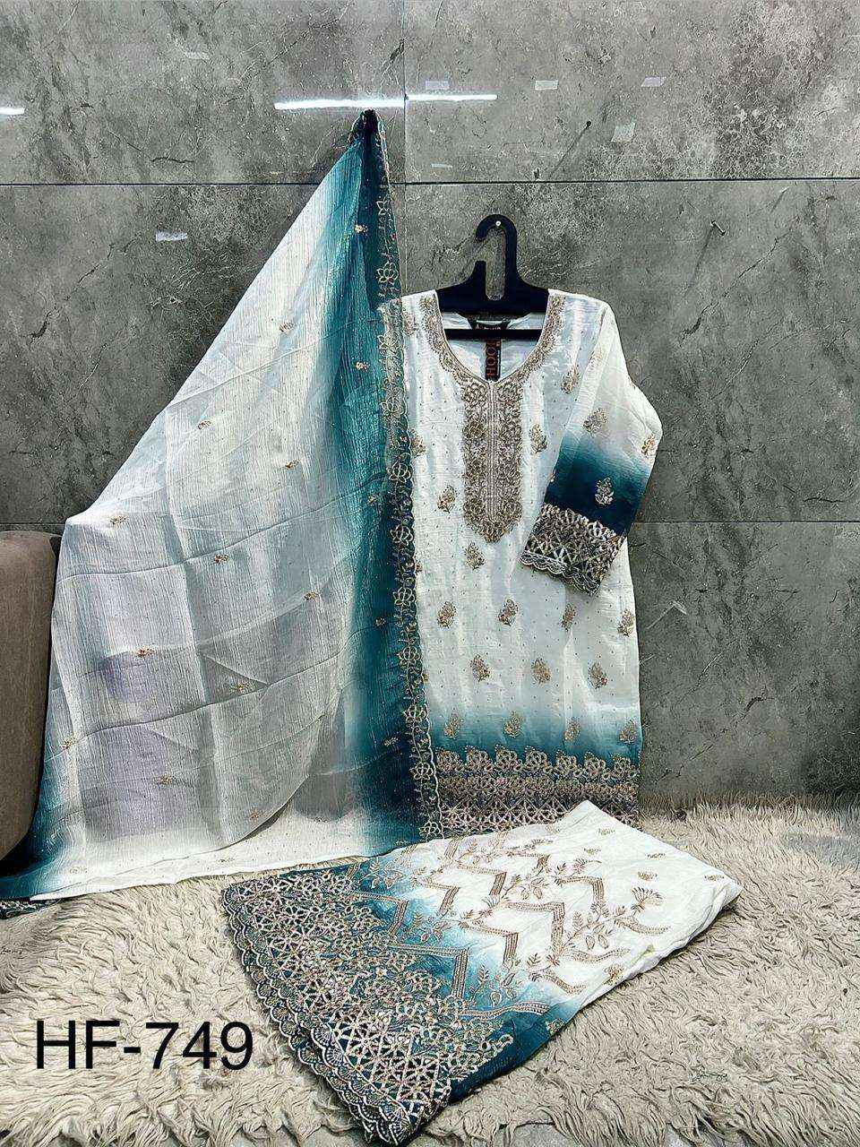 HOOR TEX HF 749 SHADED SILK FABRIC BEAUTIFUL DESIGNER READY MADE SUIT COLLECTION ( 4 PCS CATALOG )
