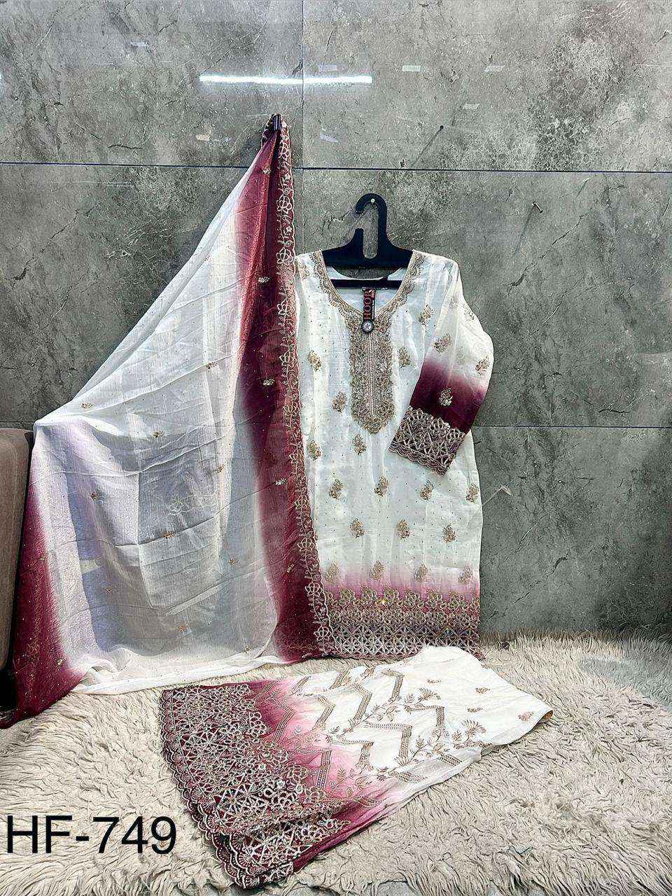 HOOR TEX HF 749 SHADED SILK FABRIC BEAUTIFUL DESIGNER READY MADE SUIT COLLECTION ( 4 PCS CATALOG )
