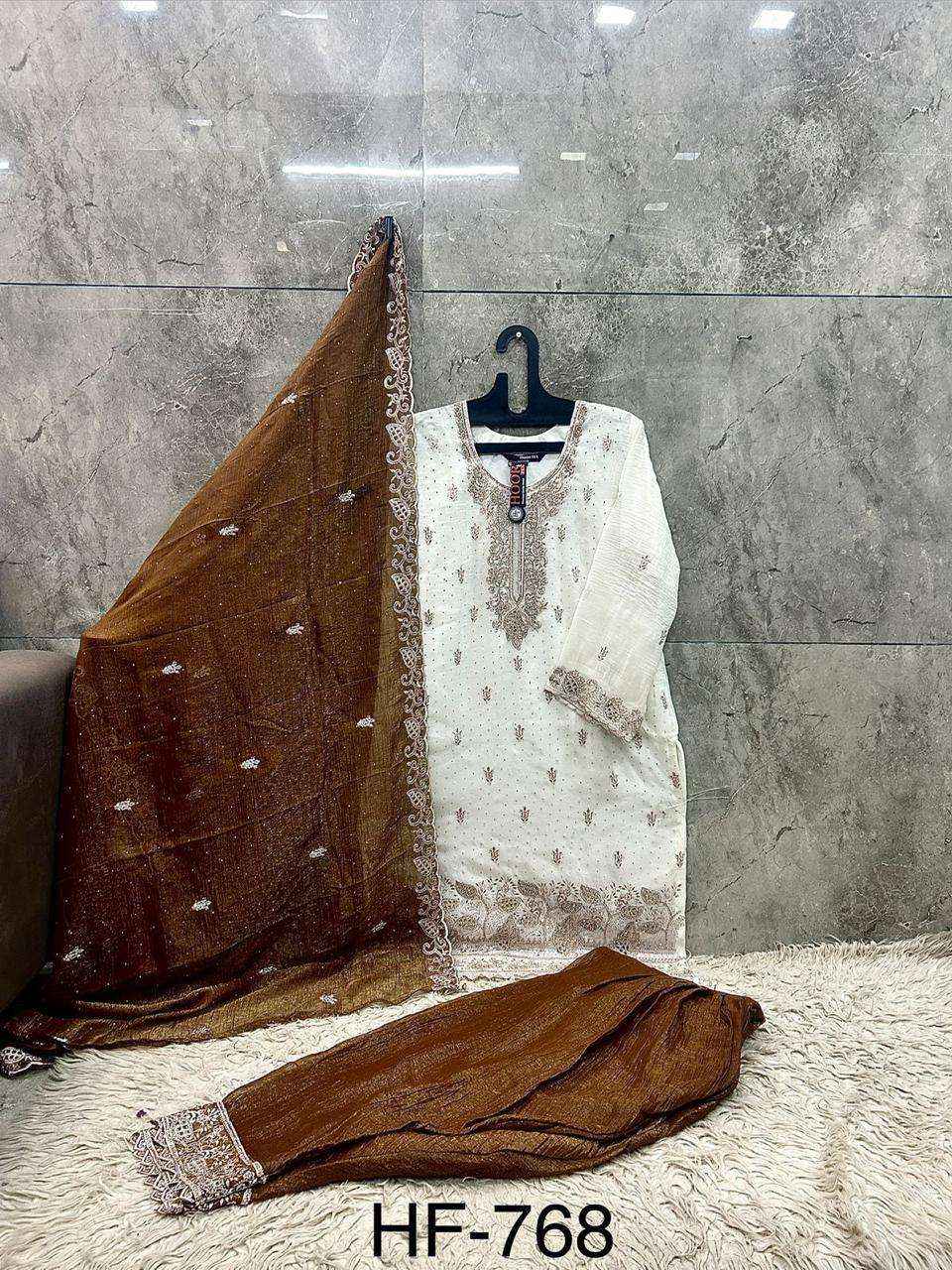 HOOR TEX HF 768 SILK FABRICS DESIGNER WORK READY MADE PAKISTANI DRESS _ WHOLESALE FACTORY RATE ( 4 PCS CATALOG )