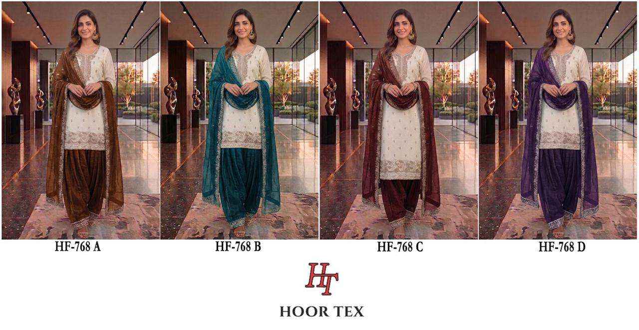 HOOR TEX HF 768 SILK FABRICS DESIGNER WORK READY MADE PAKISTANI DRESS _ WHOLESALE FACTORY RATE ( 4 PCS CATALOG )