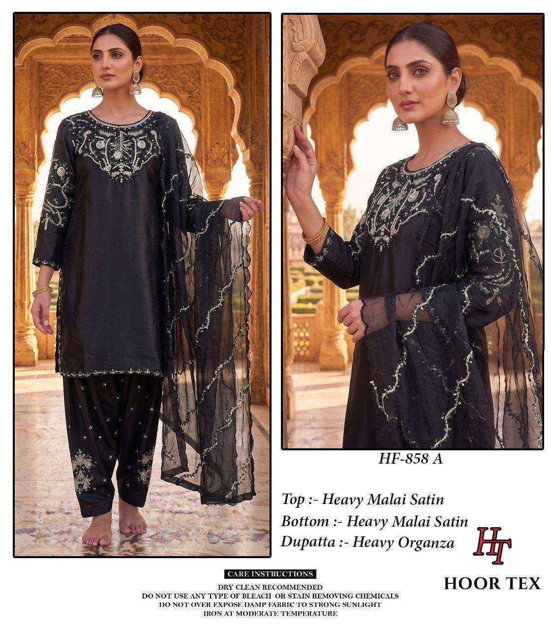 HOOR TEX HF 858 SATIN FABRIC BEAUTIFUL DESIGNER WORK READY MADE PAKISTANI SUIT _ WHOLESALE FACTORY RATE ( 4 PCS CATALOG )
