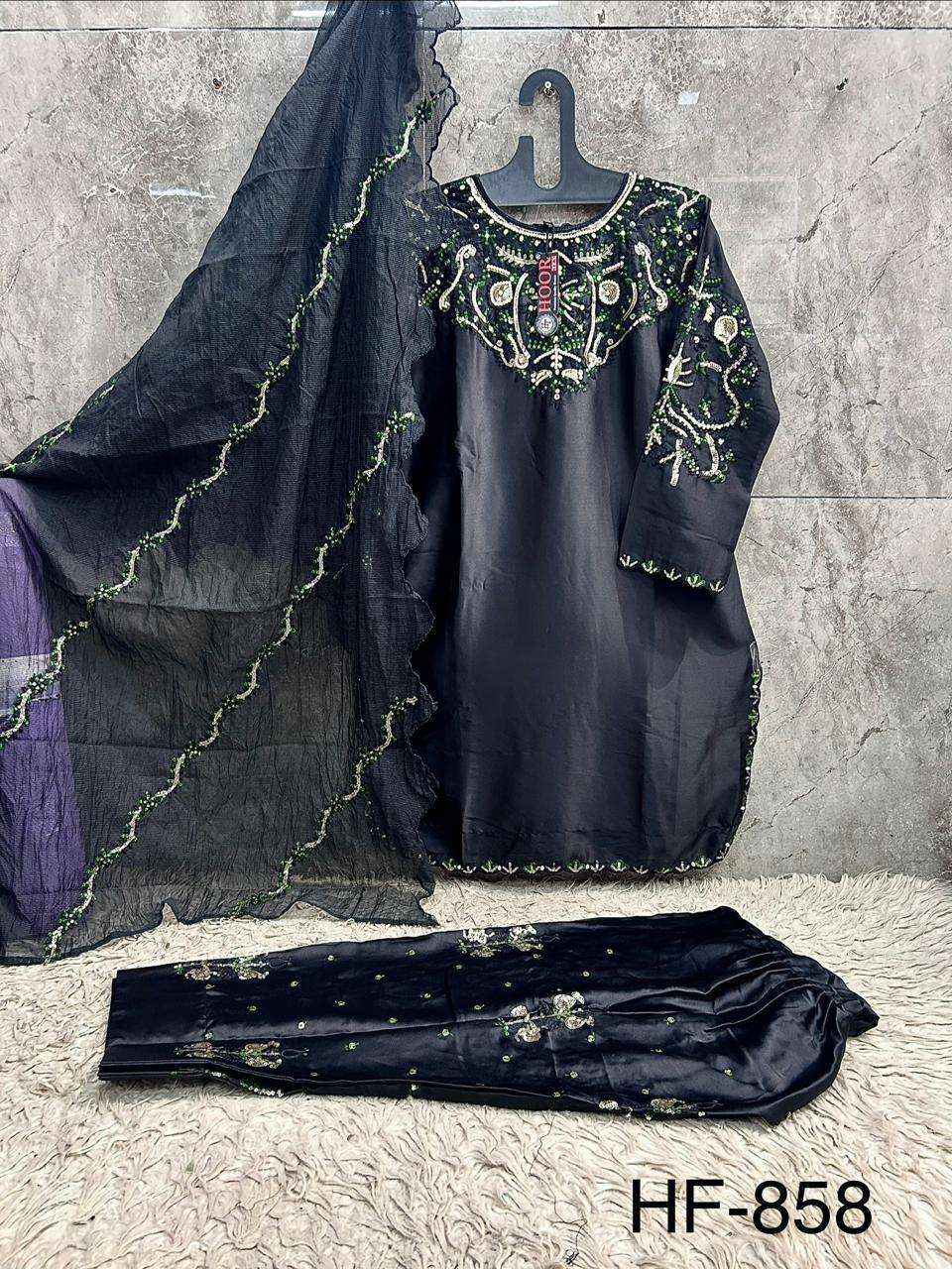 HOOR TEX HF 858 SATIN FABRIC BEAUTIFUL DESIGNER WORK READY MADE PAKISTANI SUIT _ WHOLESALE FACTORY RATE ( 4 PCS CATALOG )