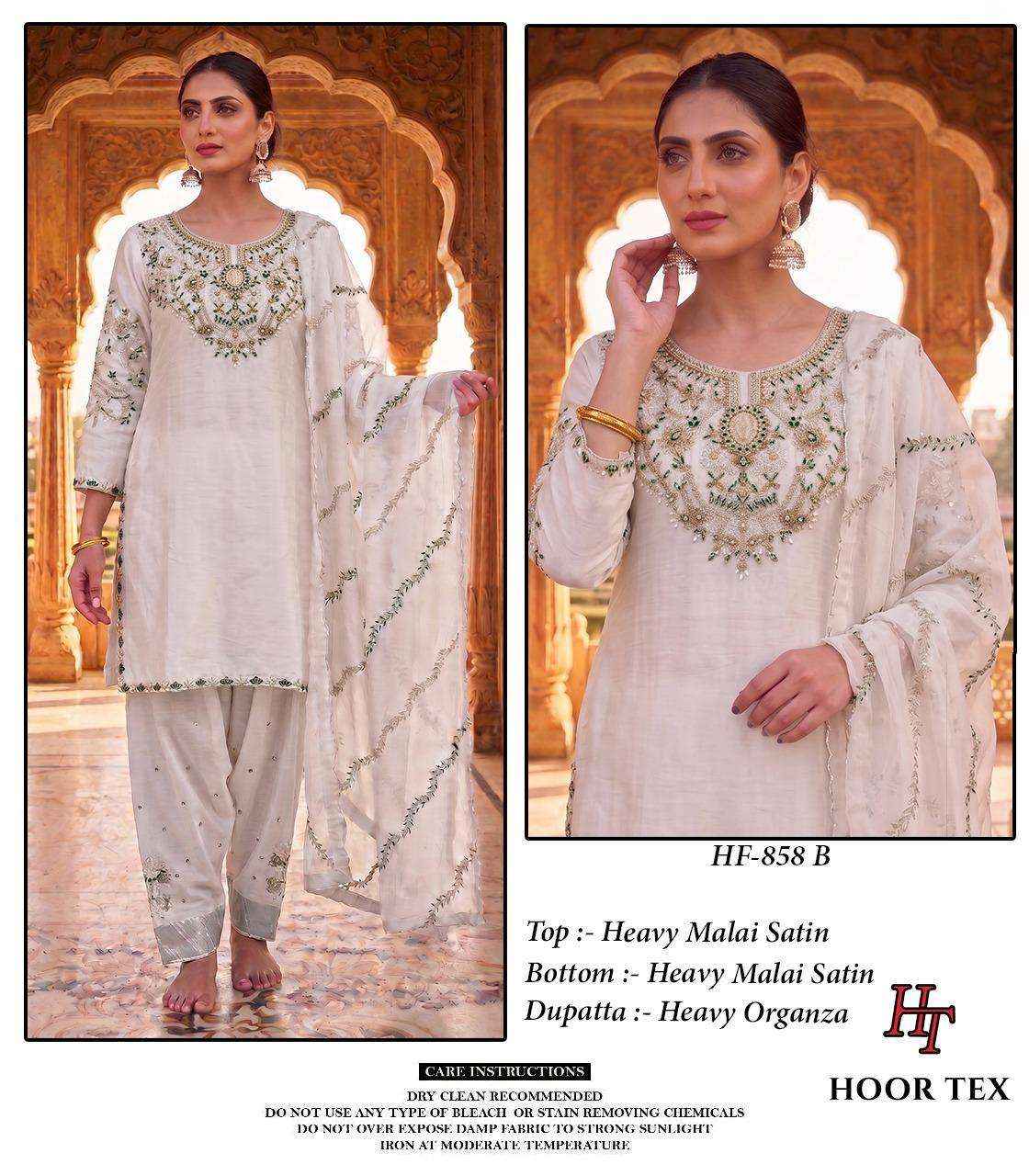 HOOR TEX HF 858 SATIN FABRIC BEAUTIFUL DESIGNER WORK READY MADE PAKISTANI SUIT _ WHOLESALE FACTORY RATE ( 4 PCS CATALOG )