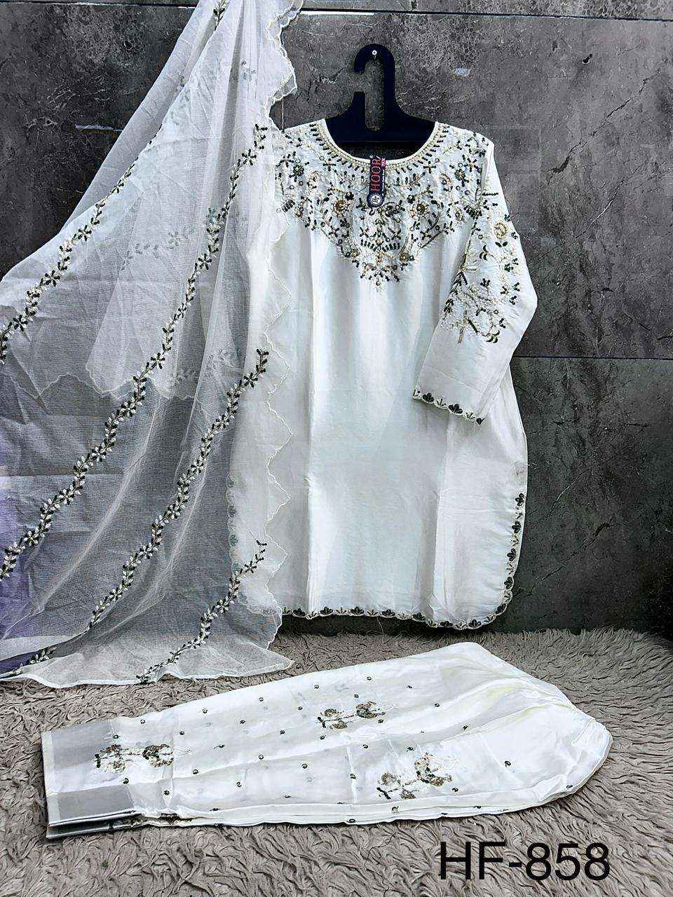 HOOR TEX HF 858 SATIN FABRIC BEAUTIFUL DESIGNER WORK READY MADE PAKISTANI SUIT _ WHOLESALE FACTORY RATE ( 4 PCS CATALOG )