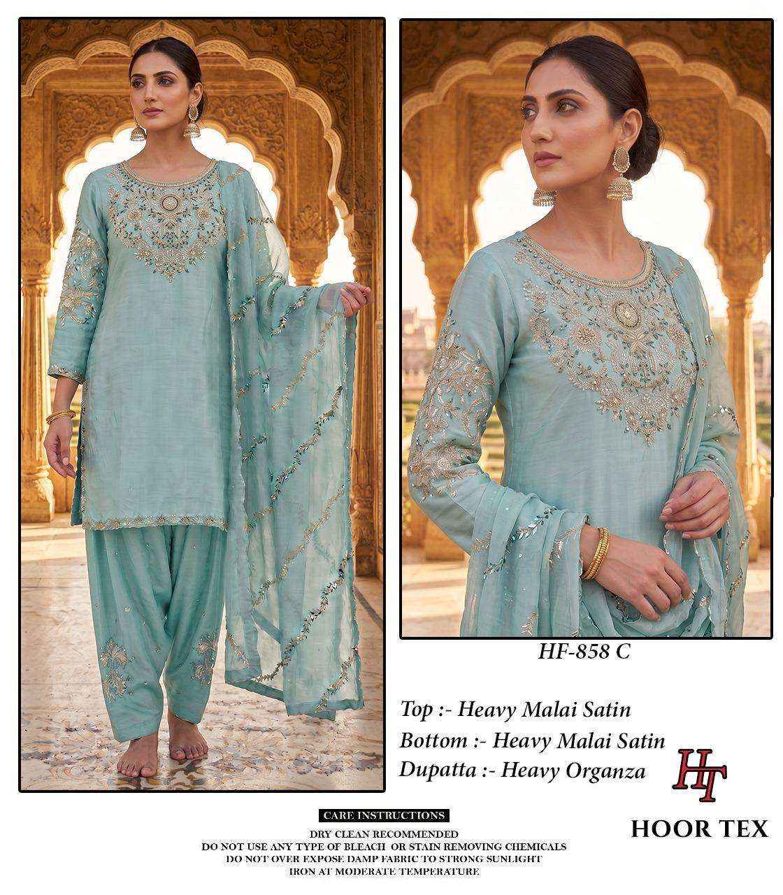 HOOR TEX HF 858 SATIN FABRIC BEAUTIFUL DESIGNER WORK READY MADE PAKISTANI SUIT _ WHOLESALE FACTORY RATE ( 4 PCS CATALOG )