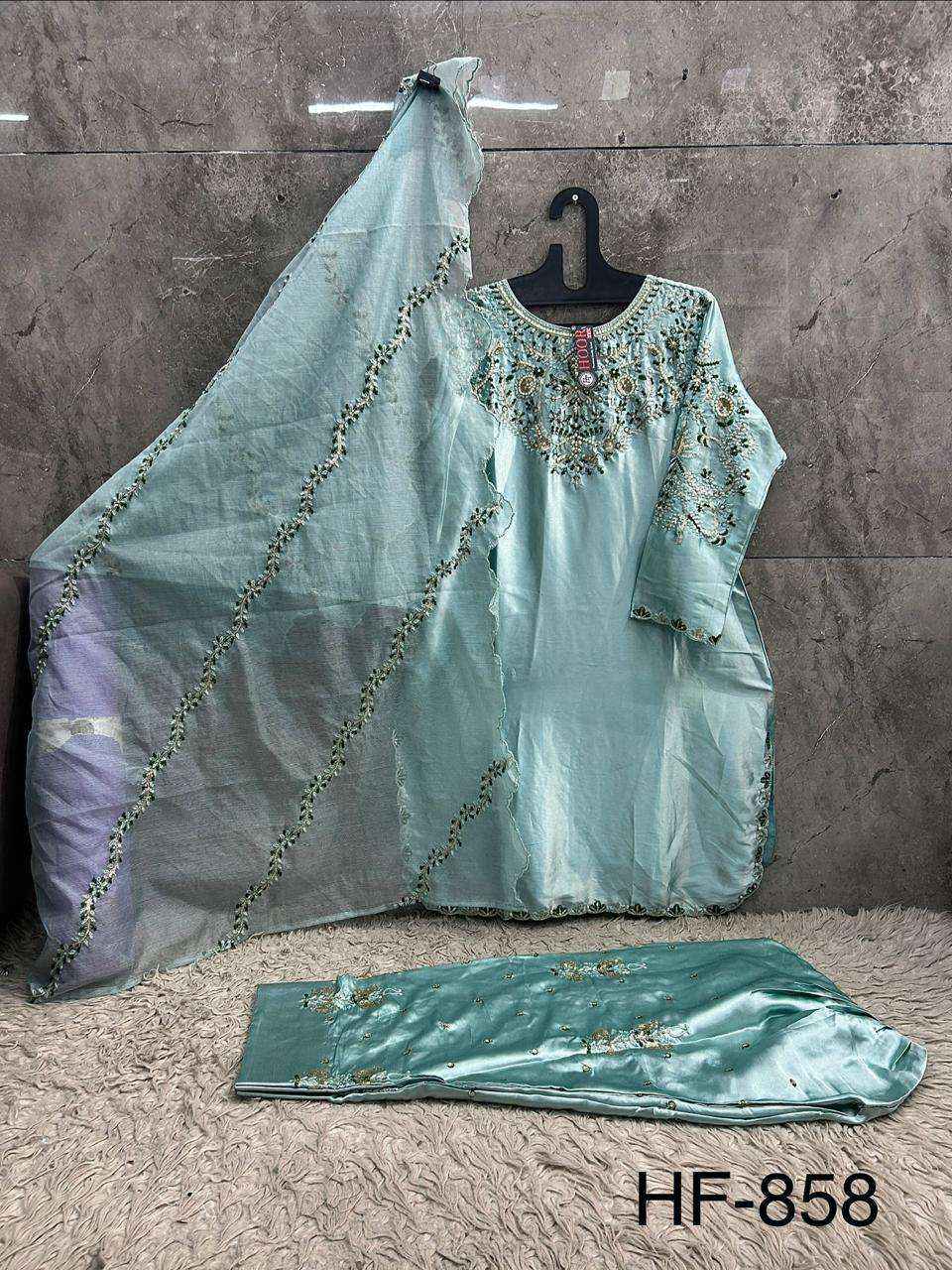HOOR TEX HF 858 SATIN FABRIC BEAUTIFUL DESIGNER WORK READY MADE PAKISTANI SUIT _ WHOLESALE FACTORY RATE ( 4 PCS CATALOG )