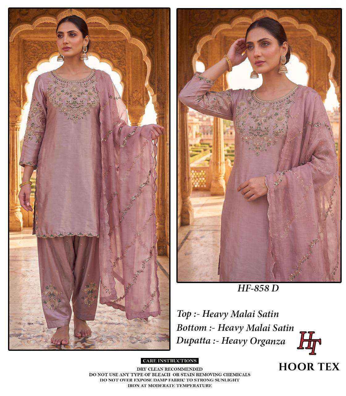 HOOR TEX HF 858 SATIN FABRIC BEAUTIFUL DESIGNER WORK READY MADE PAKISTANI SUIT _ WHOLESALE FACTORY RATE ( 4 PCS CATALOG )