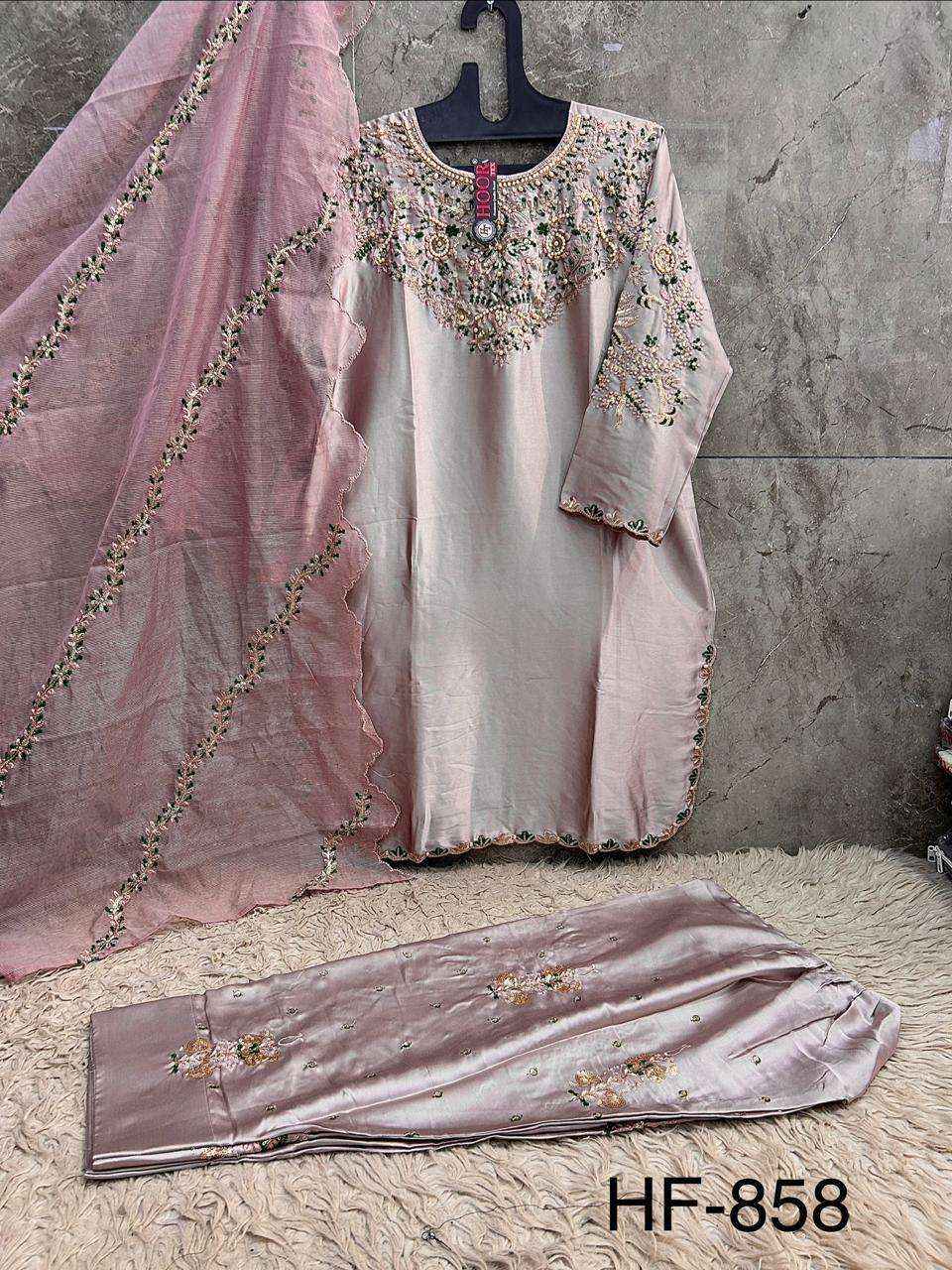 HOOR TEX HF 858 SATIN FABRIC BEAUTIFUL DESIGNER WORK READY MADE PAKISTANI SUIT _ WHOLESALE FACTORY RATE ( 4 PCS CATALOG )