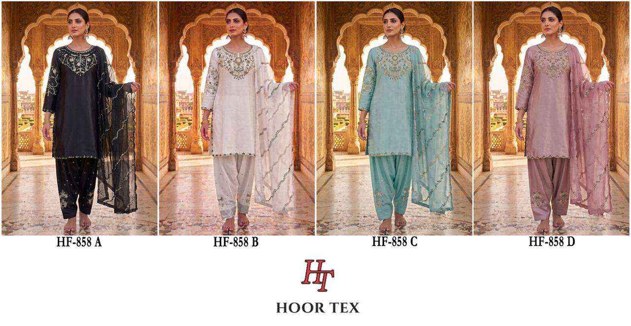 HOOR TEX HF 858 SATIN FABRIC BEAUTIFUL DESIGNER WORK READY MADE PAKISTANI SUIT _ WHOLESALE FACTORY RATE ( 4 PCS CATALOG )