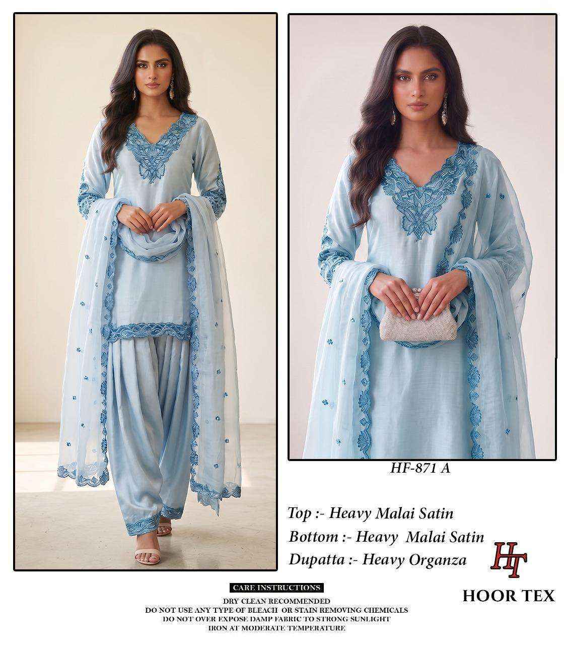 HOOR TEX HF 871 SATIN FABRIC FANCY WORKS READY MADE PAKISTANI SUIT _ WHOLESALE  FACTORY RATE ( 4 PCS CATALOG )