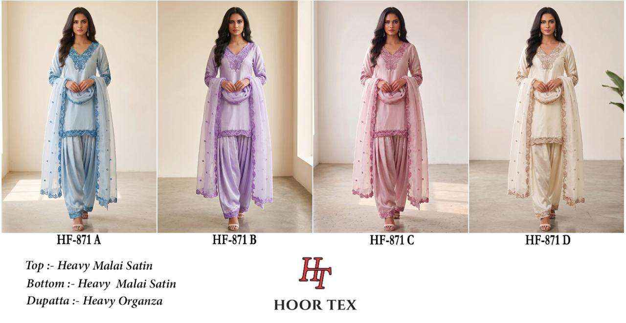 HOOR TEX HF 871 SATIN FABRIC FANCY WORKS READY MADE PAKISTANI SUIT _ WHOLESALE  FACTORY RATE ( 4 PCS CATALOG )