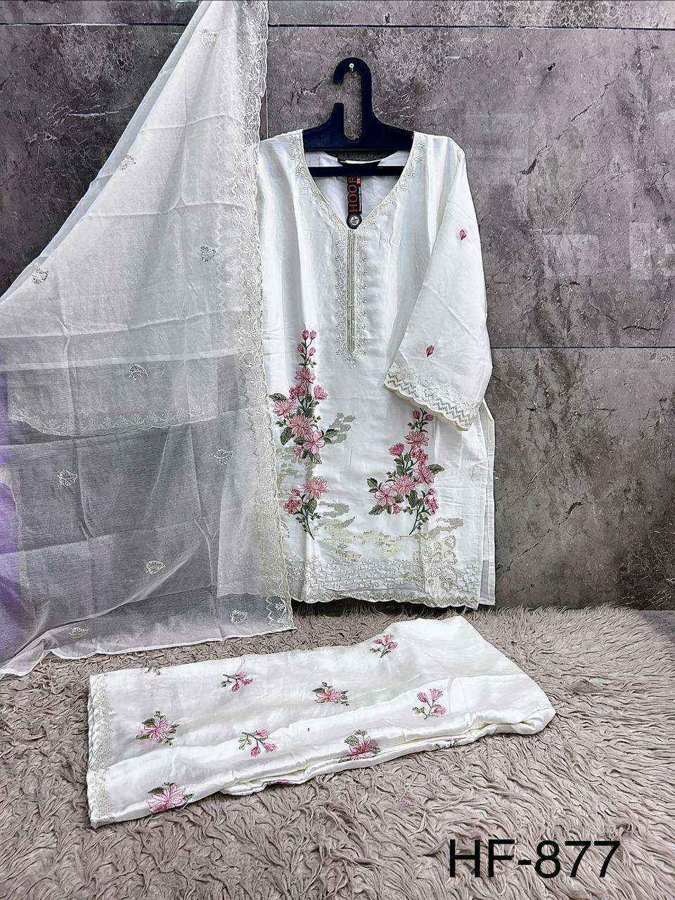 HOOR TEX HF 877 SATIN DIGITAL PRINT WITH DESIGNER WORK READY MADE PAKISTANI DRESS _ WHOLESALE FACTORY RATE ( 4 PCS CATALOG )
