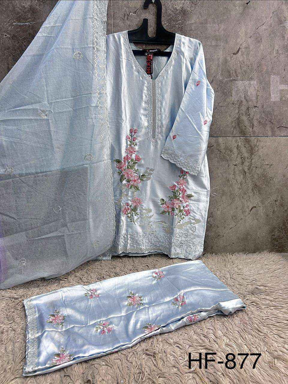 HOOR TEX HF 877 SATIN DIGITAL PRINT WITH DESIGNER WORK READY MADE PAKISTANI DRESS _ WHOLESALE FACTORY RATE ( 4 PCS CATALOG )