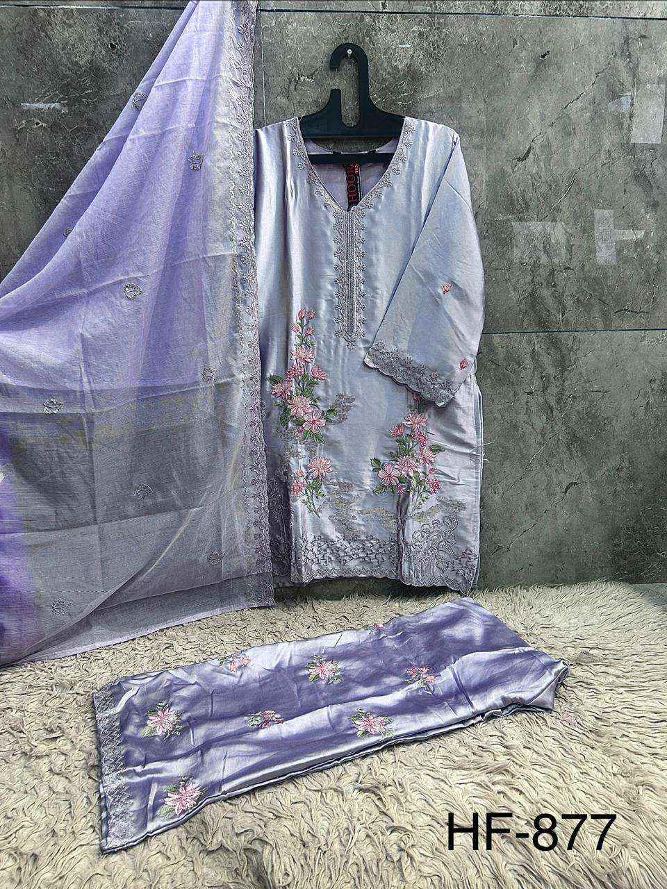 HOOR TEX HF 877 SATIN DIGITAL PRINT WITH DESIGNER WORK READY MADE PAKISTANI DRESS _ WHOLESALE FACTORY RATE ( 4 PCS CATALOG )