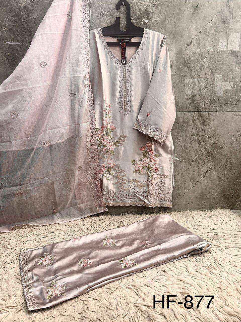 HOOR TEX HF 877 SATIN DIGITAL PRINT WITH DESIGNER WORK READY MADE PAKISTANI DRESS _ WHOLESALE FACTORY RATE ( 4 PCS CATALOG )