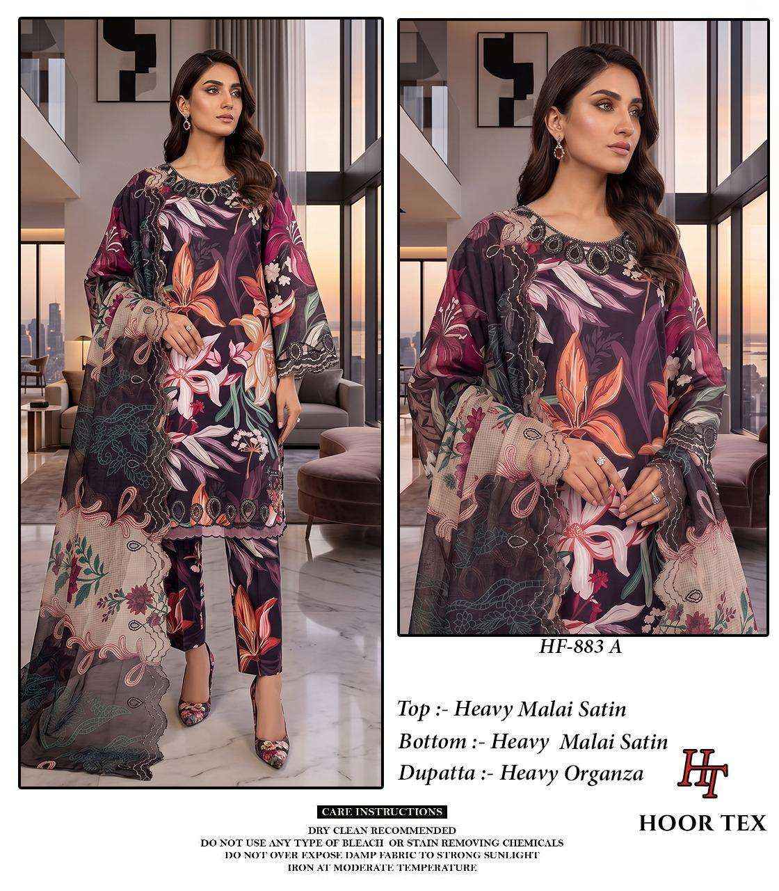 HOOR TEX HF 883 SATIN DIGITAL PRINT WITH FANCY WORK READY MADE PAKISTANI DRESS ( 4 PCS CATALOG )